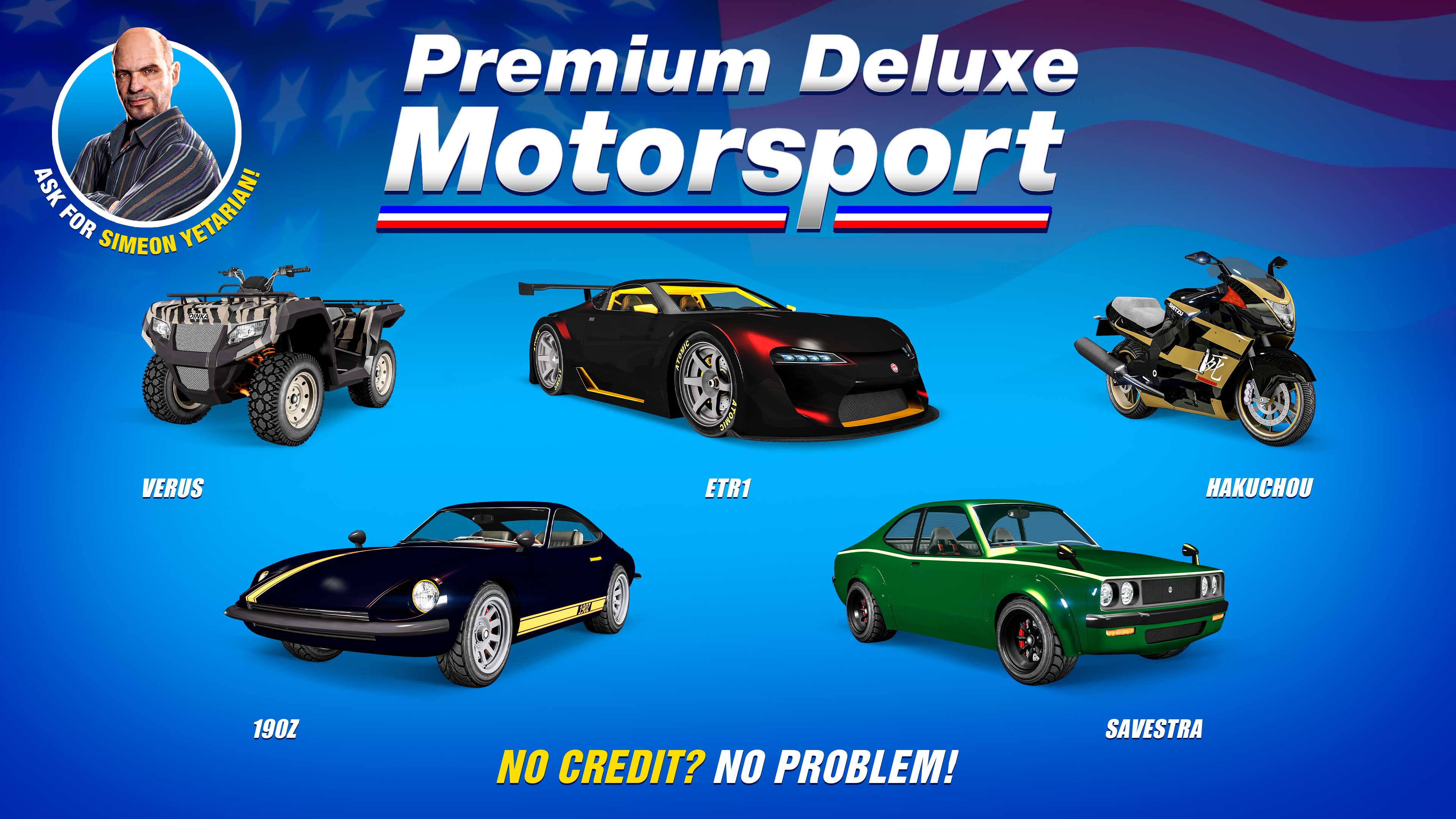 Pôster de Premium Deluxe Motorsport com cinco veículos: Emperor ETR1, Annis Savestra, Karin 190z, Shitzu Hakuchou, e Dinka Verus.