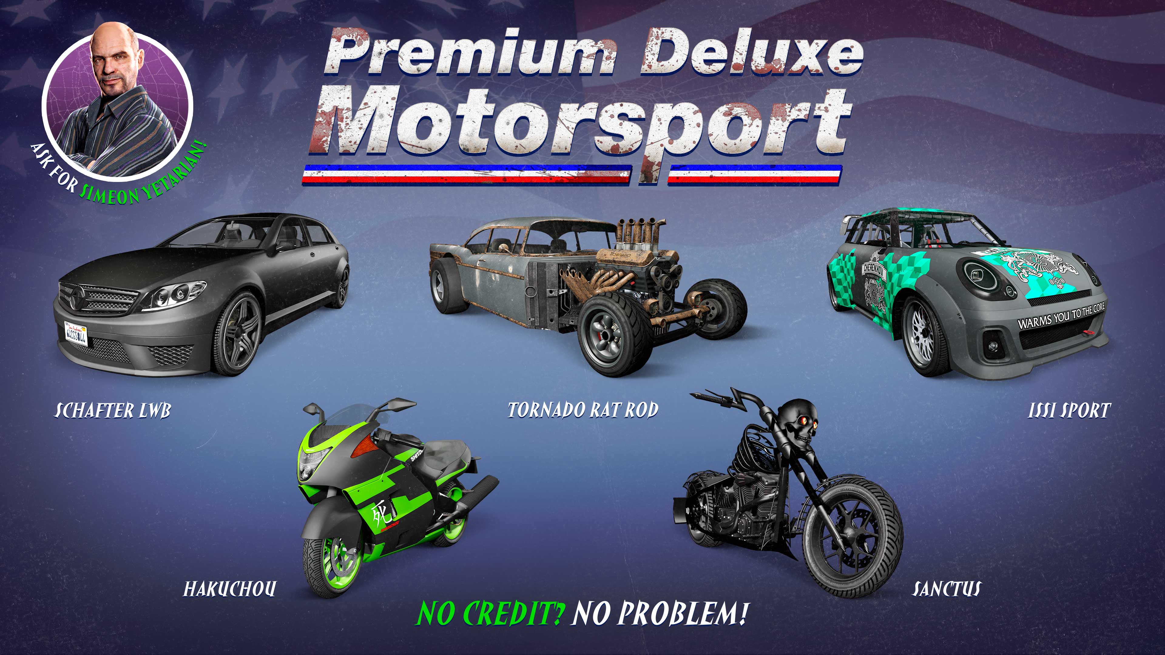 Pôster da Premium Deluxe Motorsport com cinco veículos: Weeny Issi Sport, LCC Sanctus, Benefactor Schafter LWB, Shitzu Hakuchou e Declasse Tornado Rat Rod.