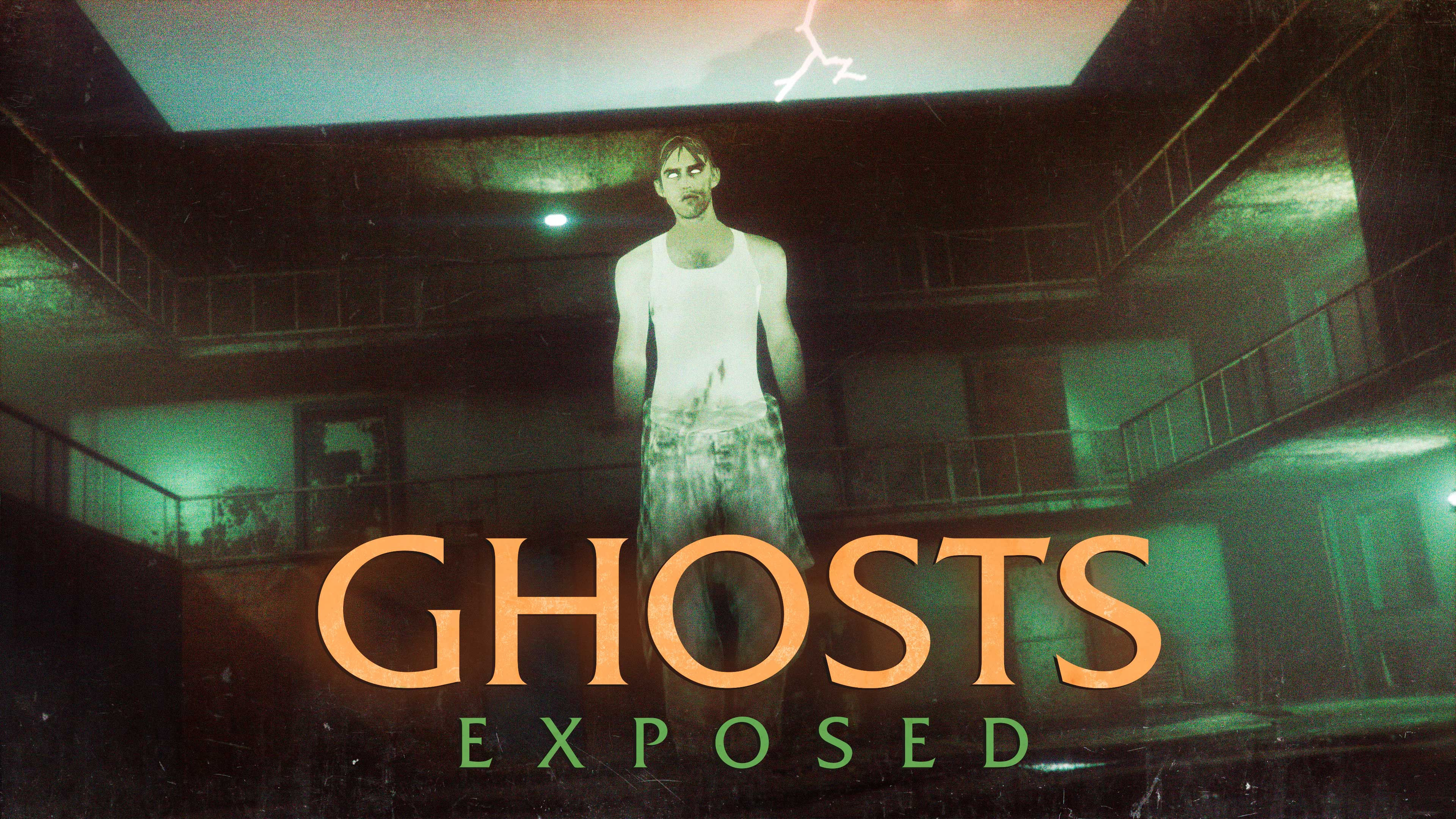 Pôster de Ghosts Exposed com um fantasma em pé em um complexo de apartamentos.