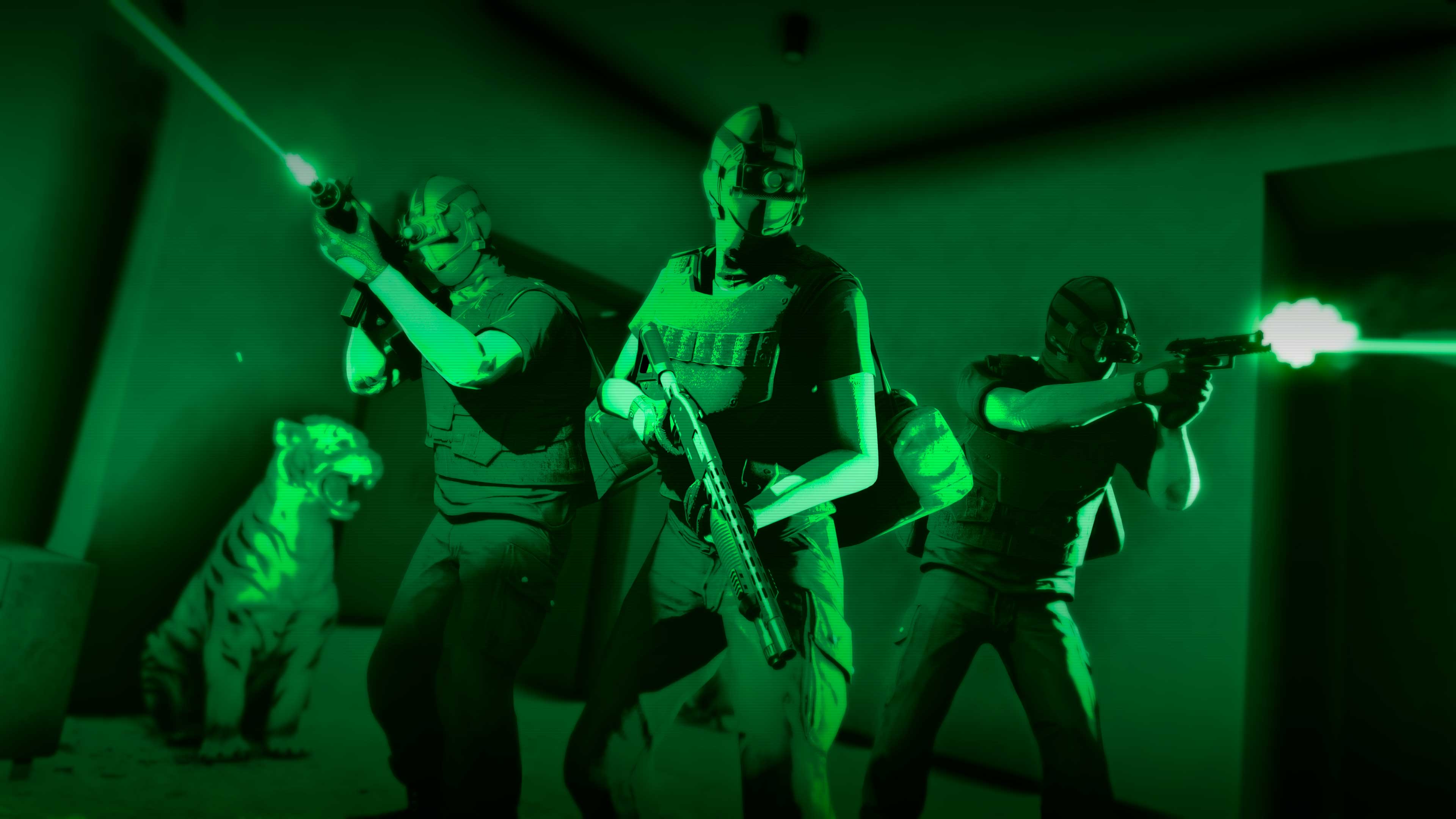 Three armed characters engaged in combat in a dark room with green night vision tint.