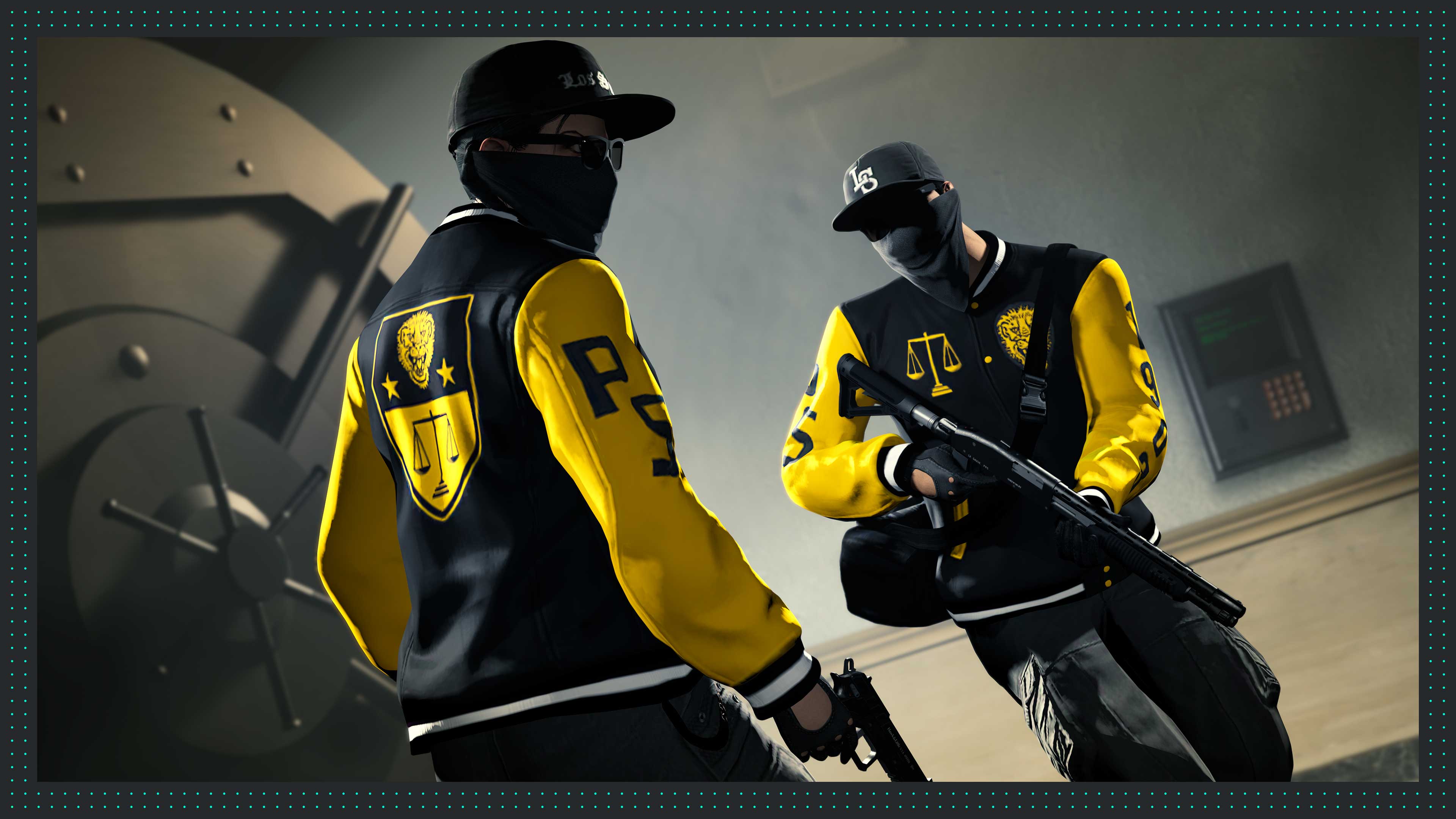 Two characters wearing the black and yellow Pacific Standard Varsity Jacket. 