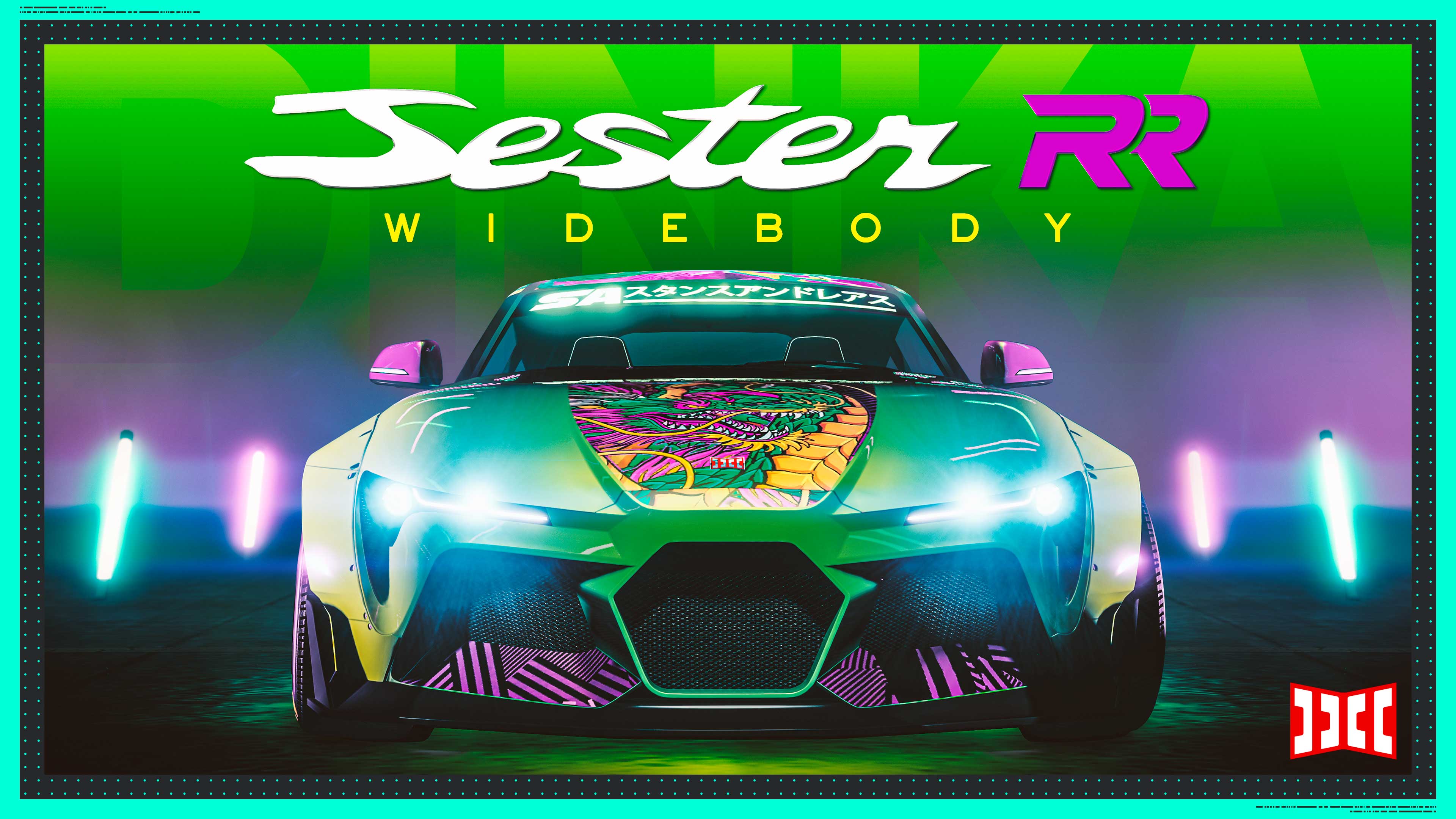 A green and purple Dinka Jester RR Widebody car with a dragon decal on the hood.