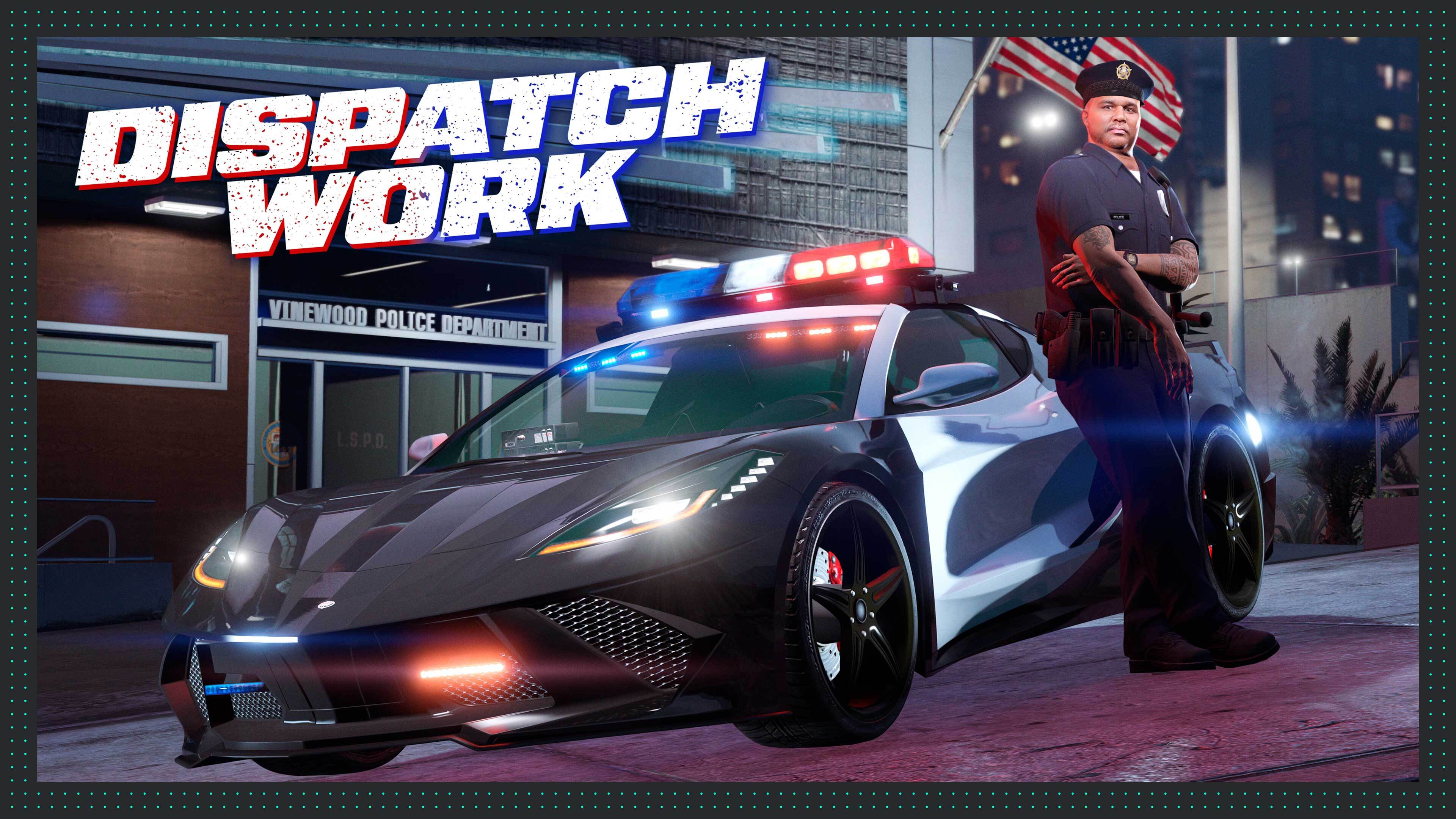 Dispatch Work poster featuring Vincent Effenburger leaning on a police car supercar variant.