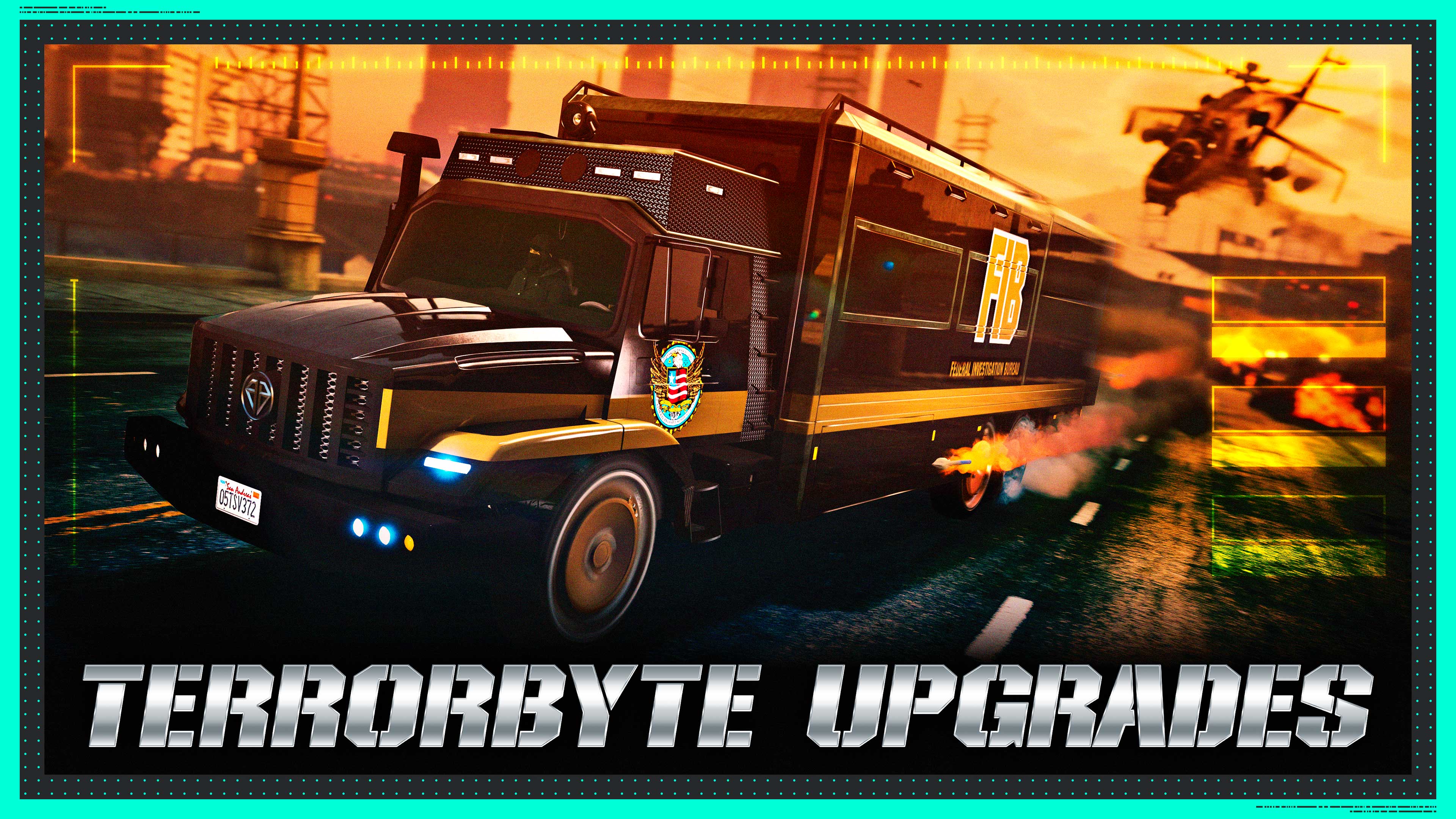 Benefactor Terrorbyte Upgrades poster with a truck speeding away from a helicopter. 