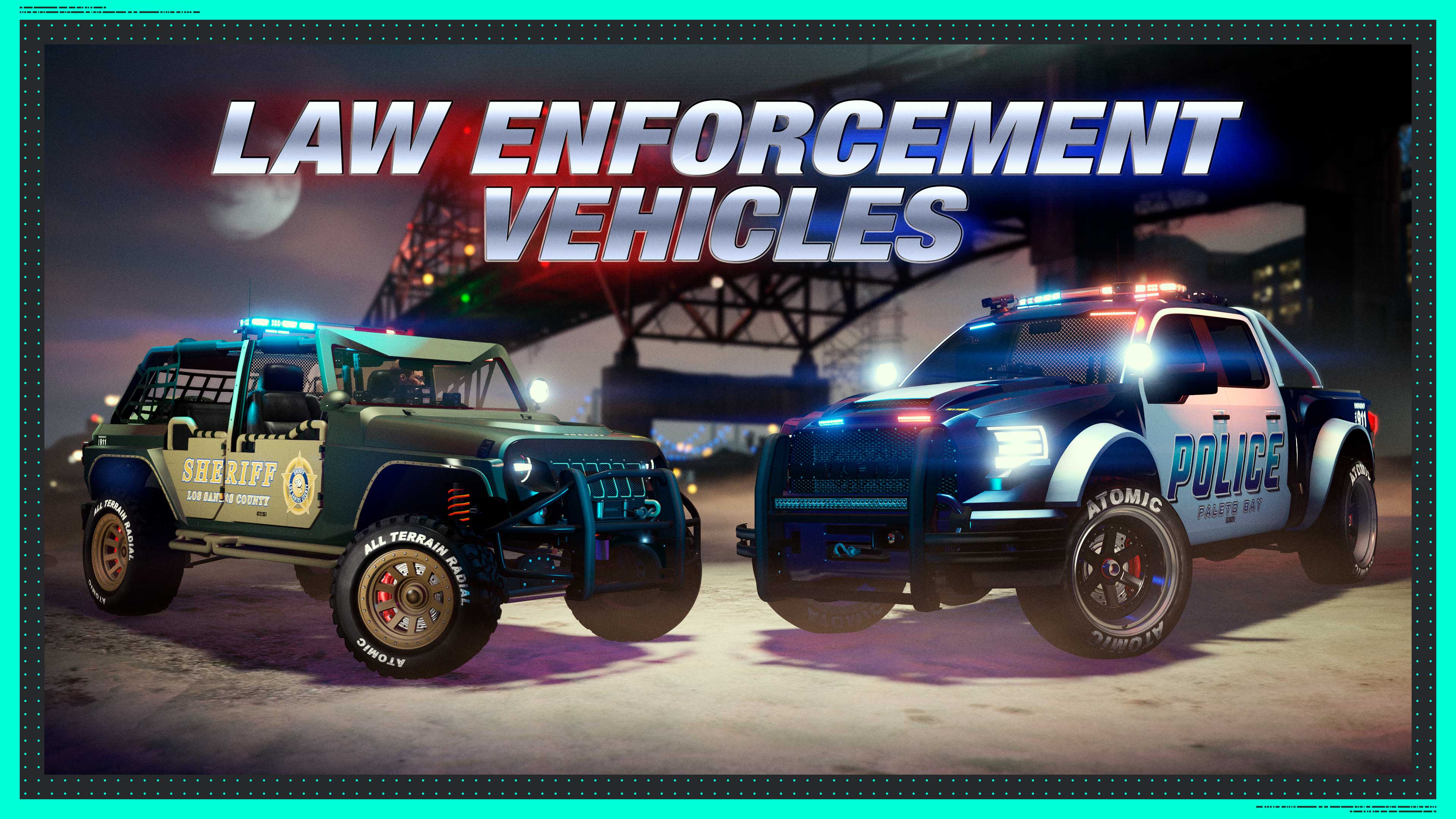 Law Enforcement Vehicles poster featuring the Canis Terminus Patrol and the Vapid Caracara Pursuit.