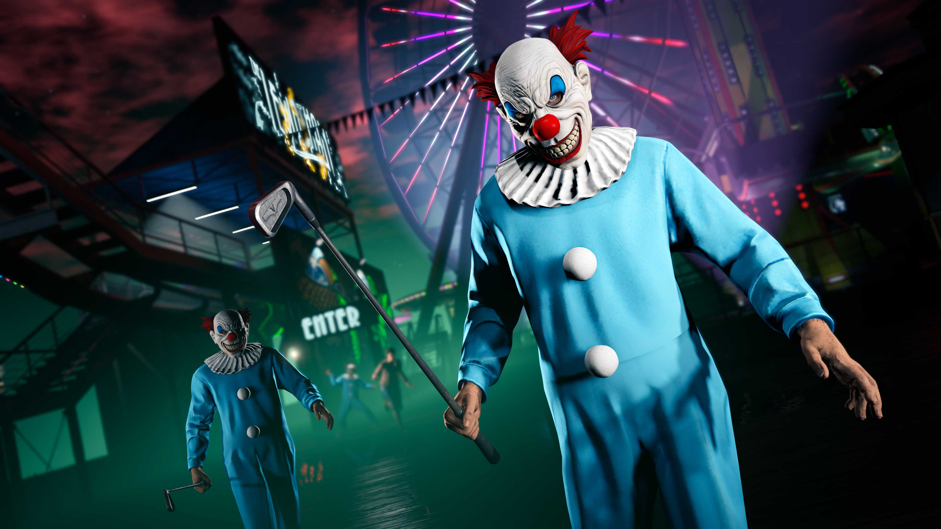 GTA Online characters wearing the Slasher Clown Outfit at the Del Perro Pier. 