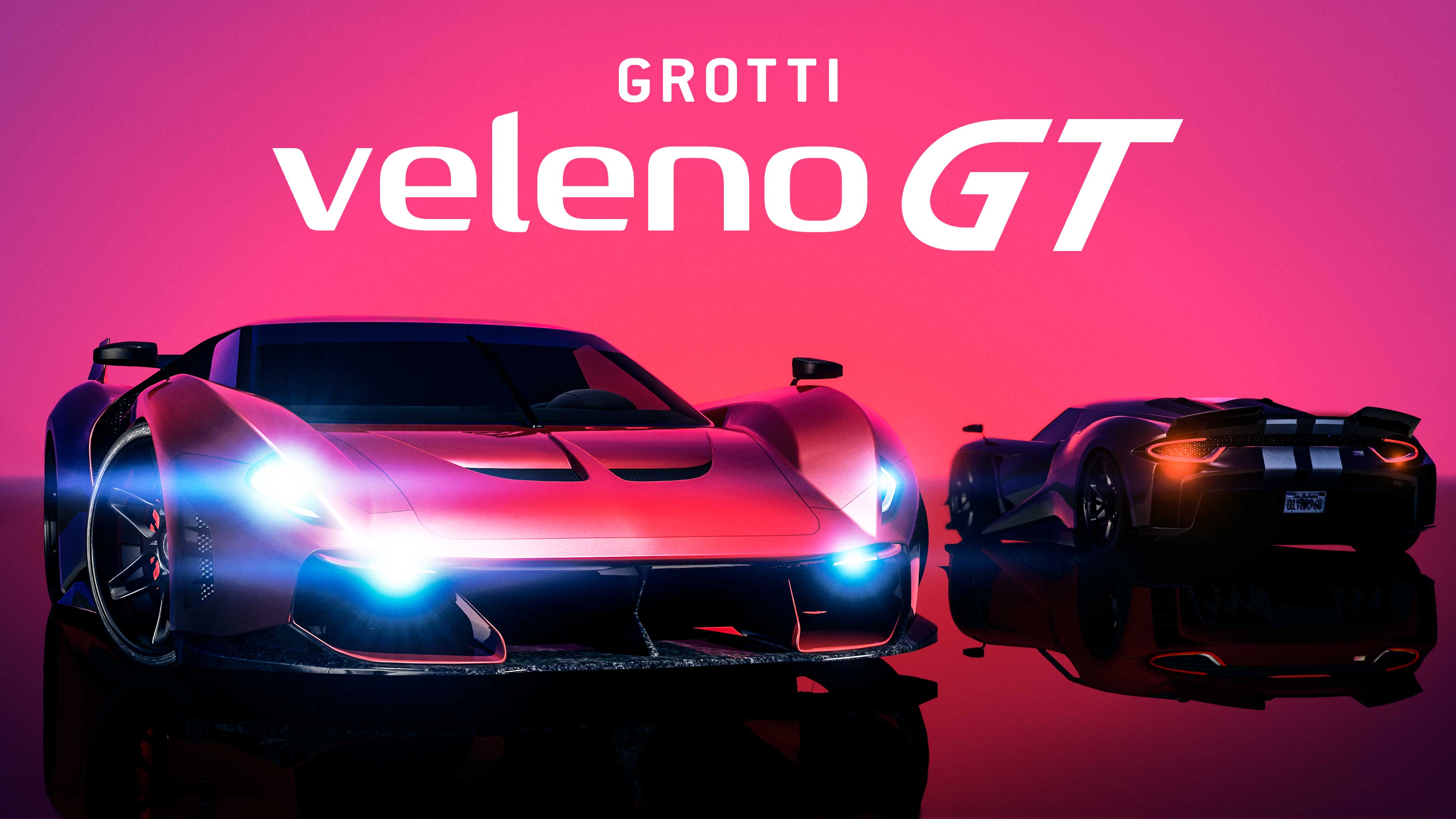 Cartaz do carro Grotti Veleno GT, apresentando duas versões do carro mostrando o capô e a traseira em um plano de fundo com iluminação rosa e roxo.