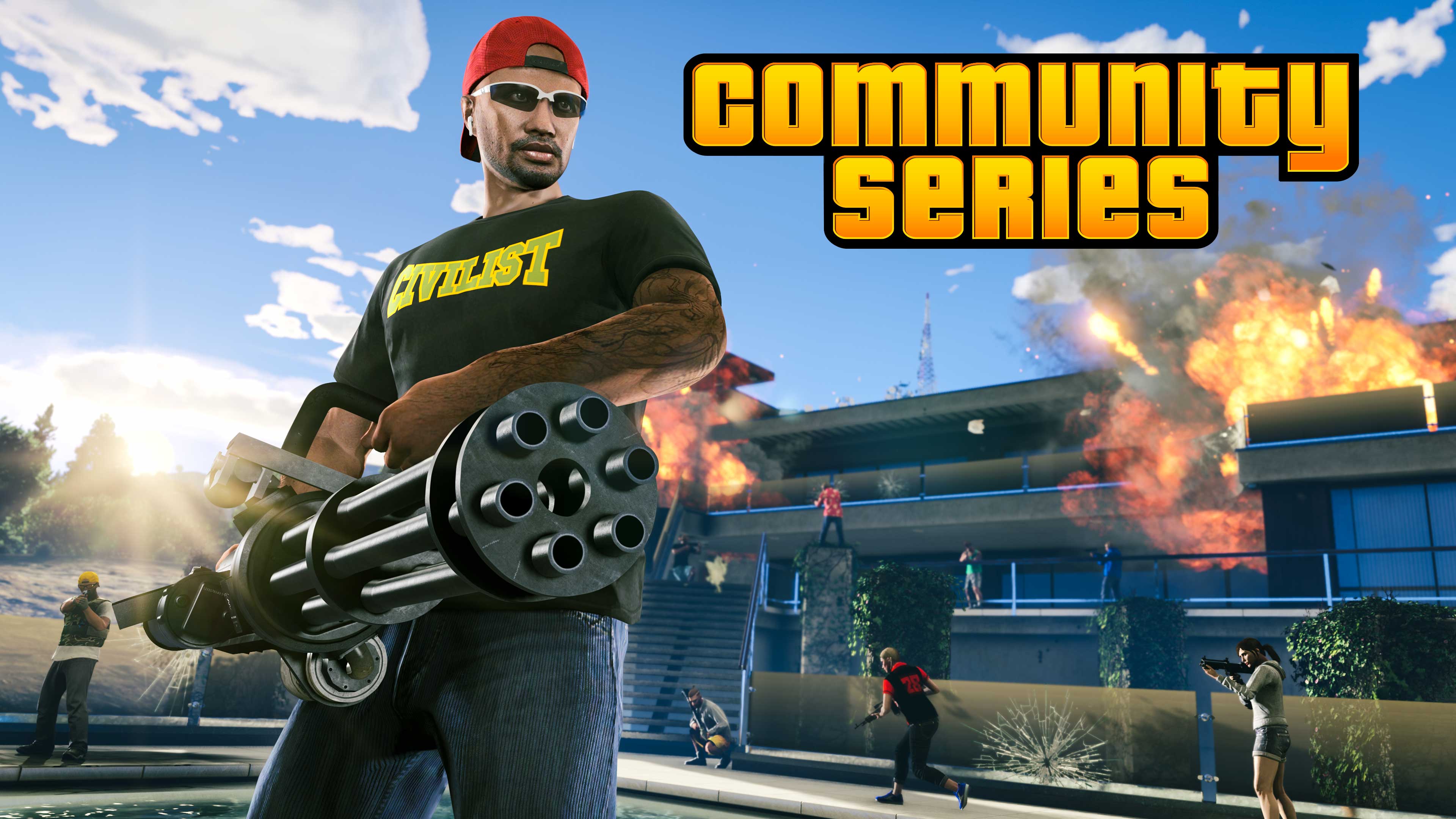Cartaz do evento da Comunidade em Série mostrando um personagem de GTA Online disparando uma grande minigun enquanto um prédio explode ao fundo. Outros personagens próximos disparam armas.