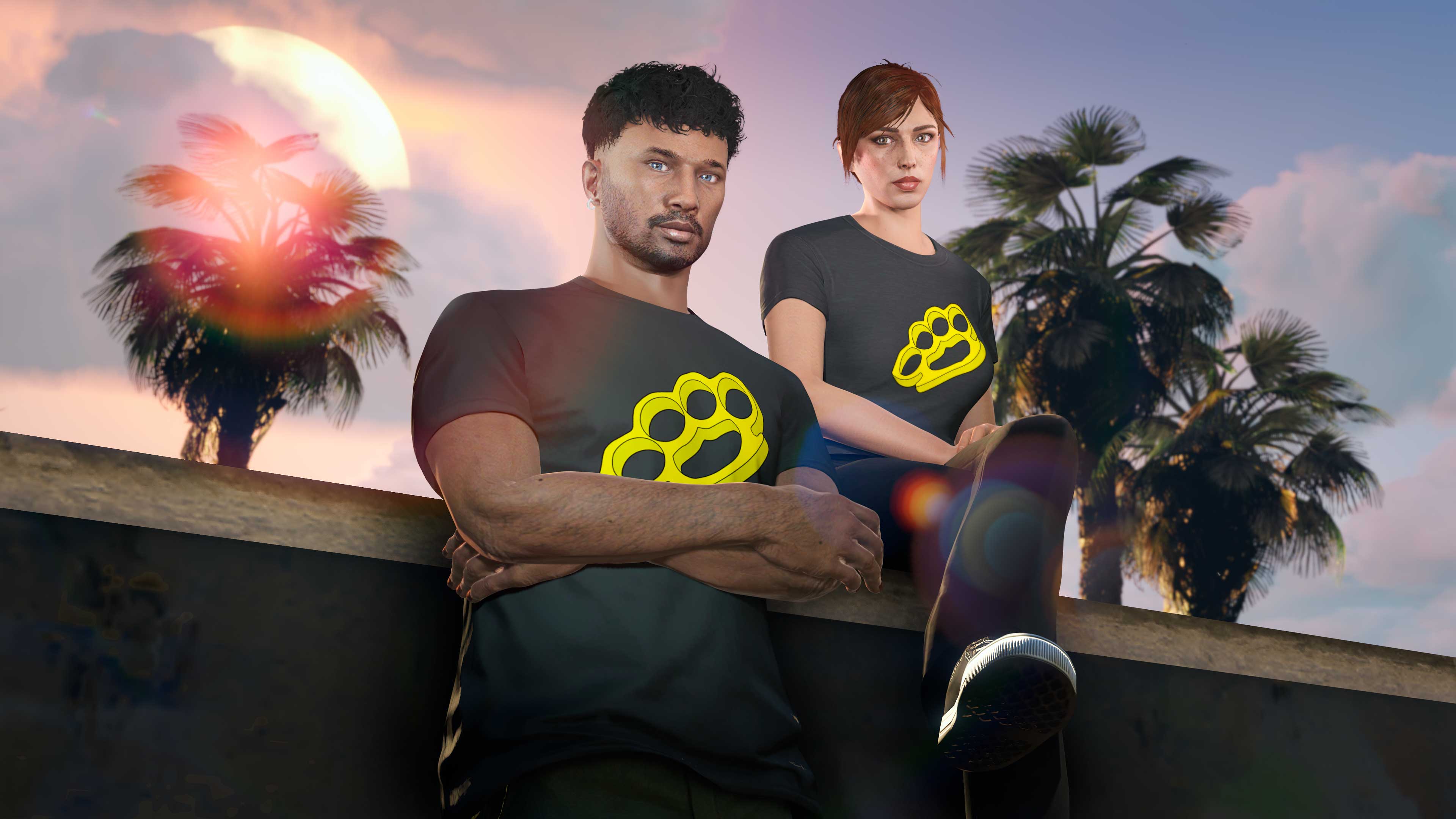 Dois personagens de GTA Online vestidos com a Camiseta Knuckleduster.