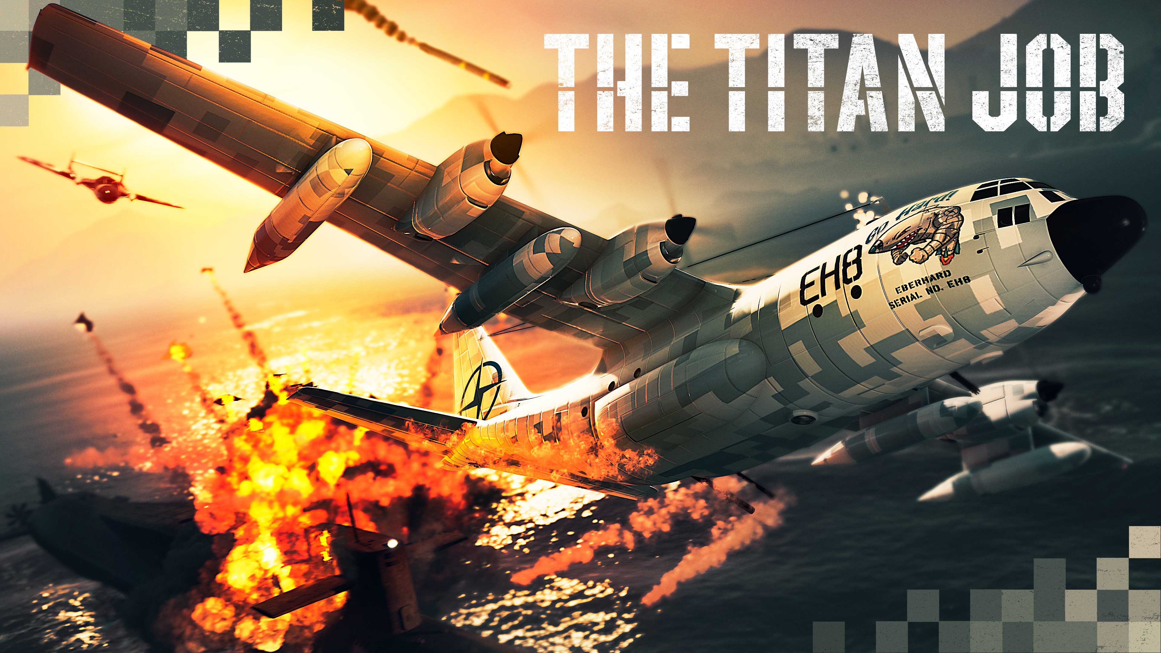 Cartaz de Serviço do Titan mostrando uma aeronave Titan 250 D voando para longe de um navio explodindo no oceano.