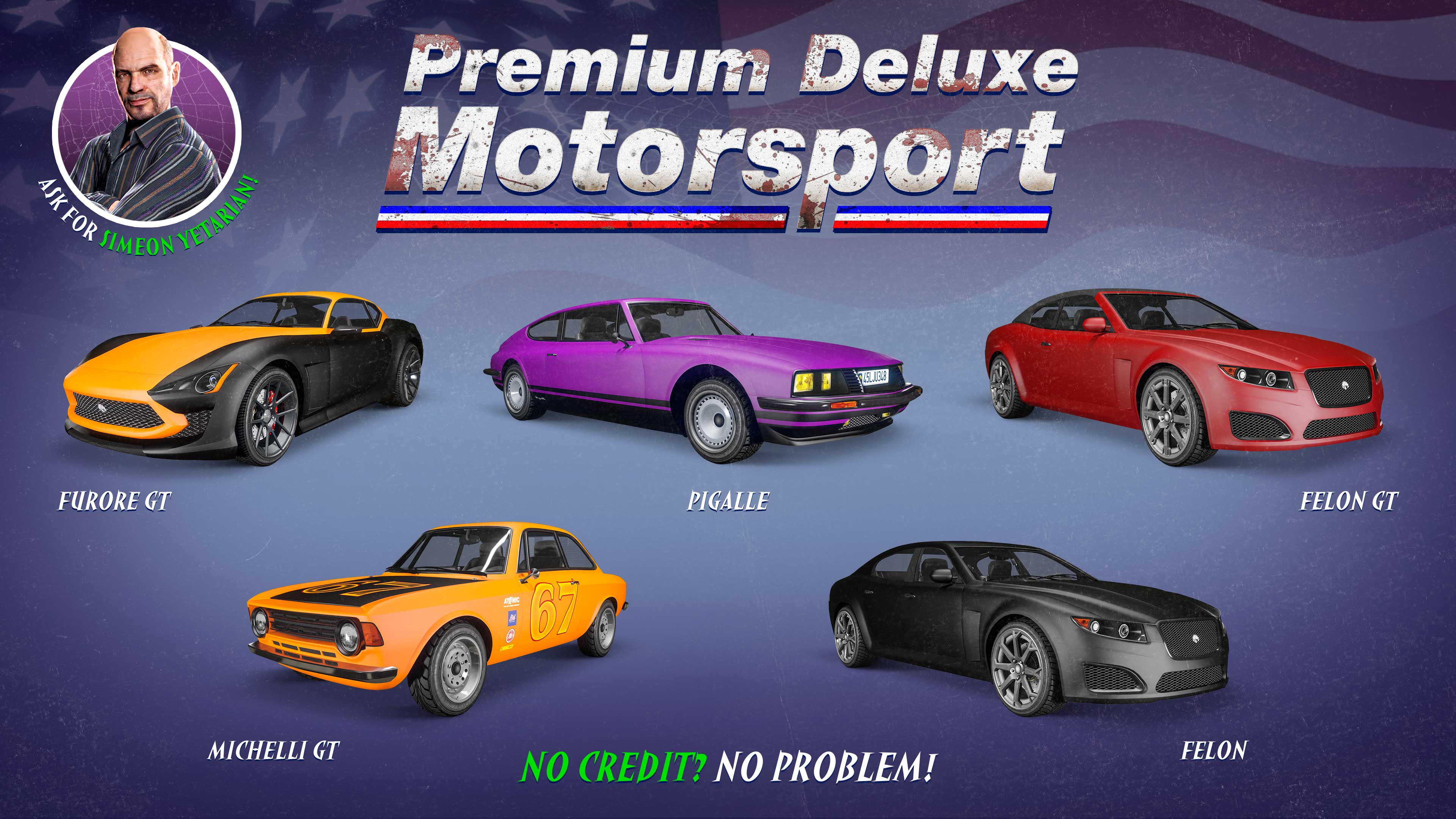 Pôster da Premium Deluxe Motorsport com Furore GT, Pigalle, Felon GT, Michelli GT, e Felon