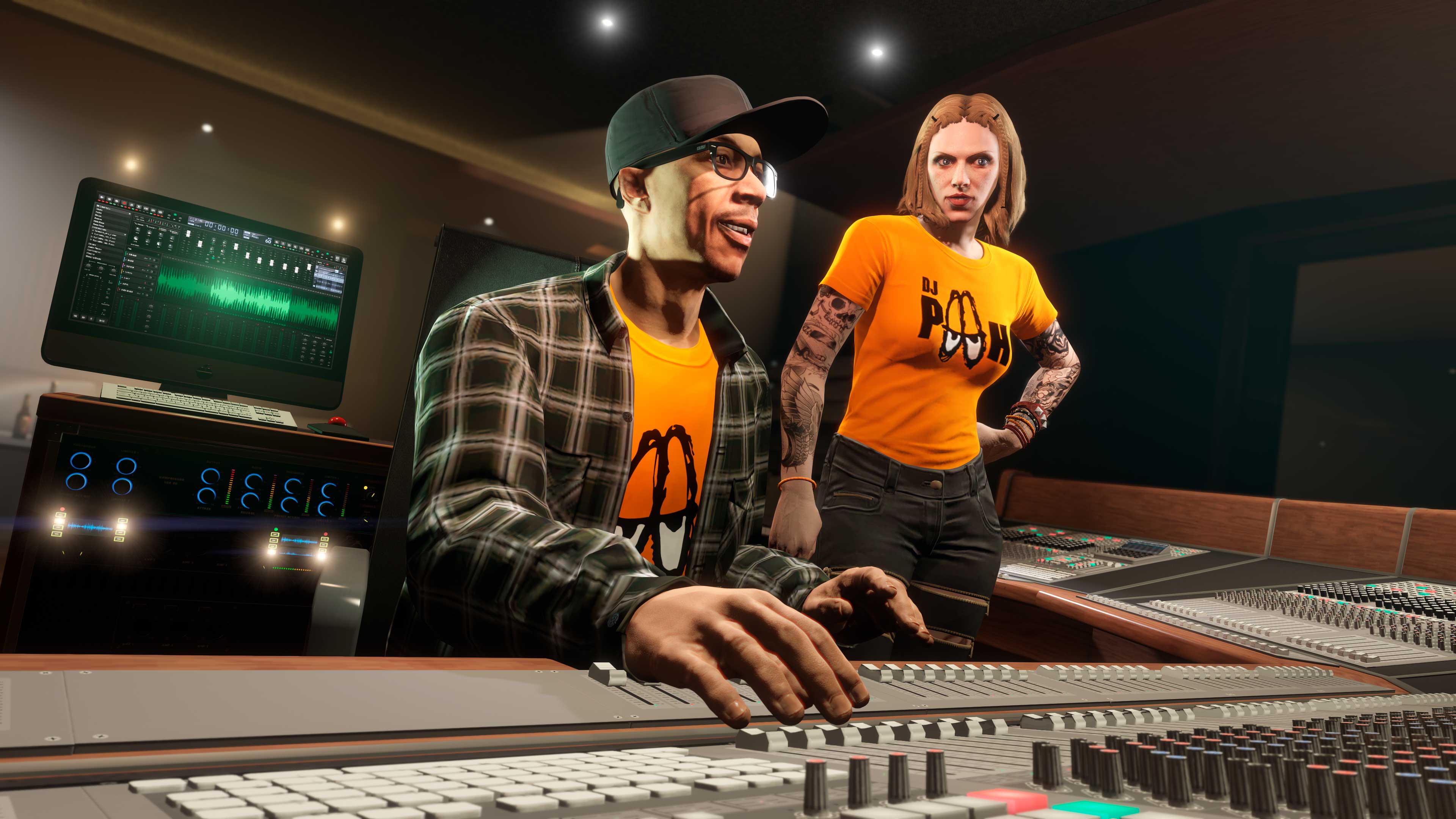 Imagen de DJ Pooh y un personaje de GTA Online con una camiseta DJ Pooh