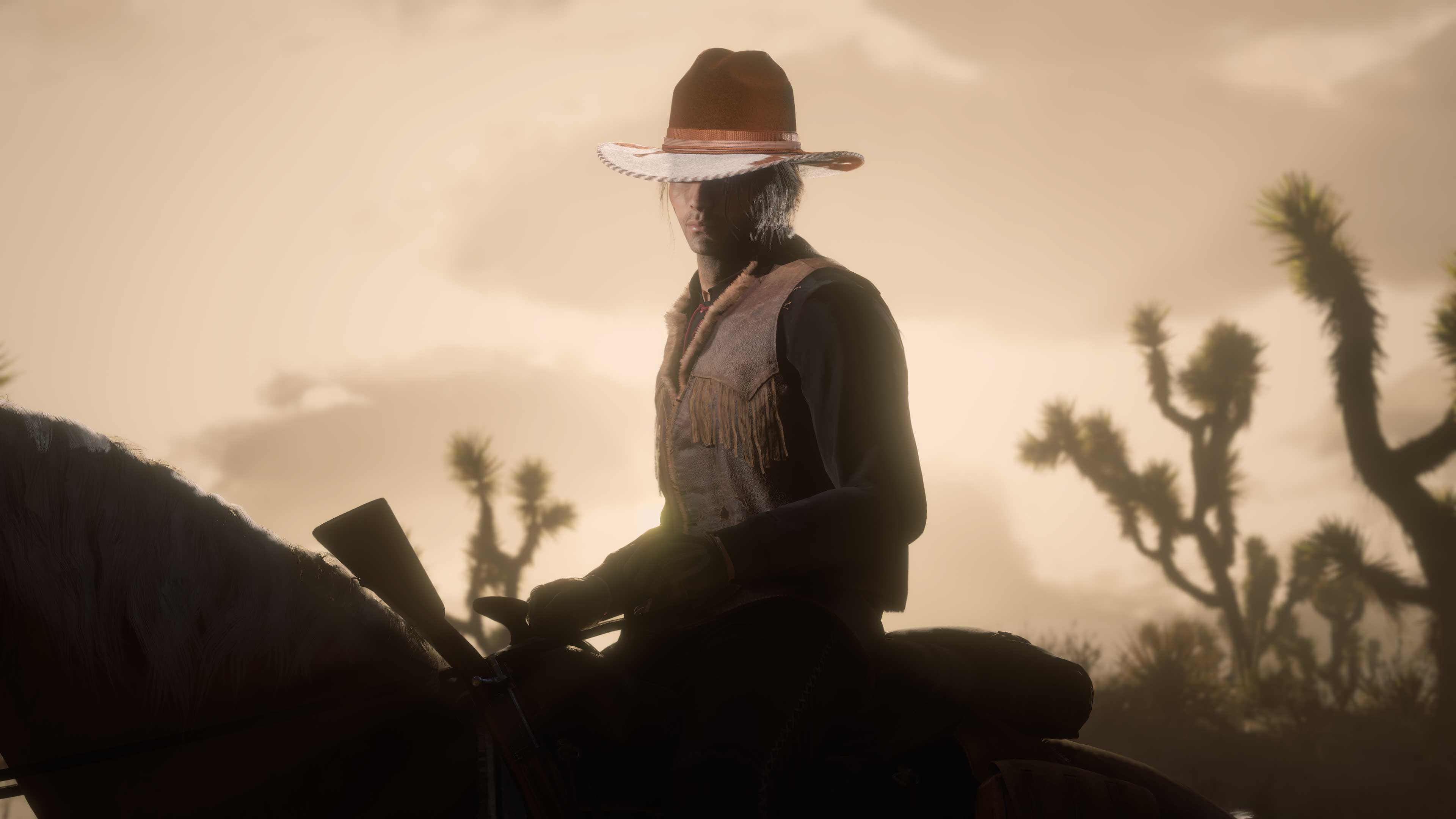 Imagem de um personagem de Red Dead Online usando o chapéu Lister vermelho