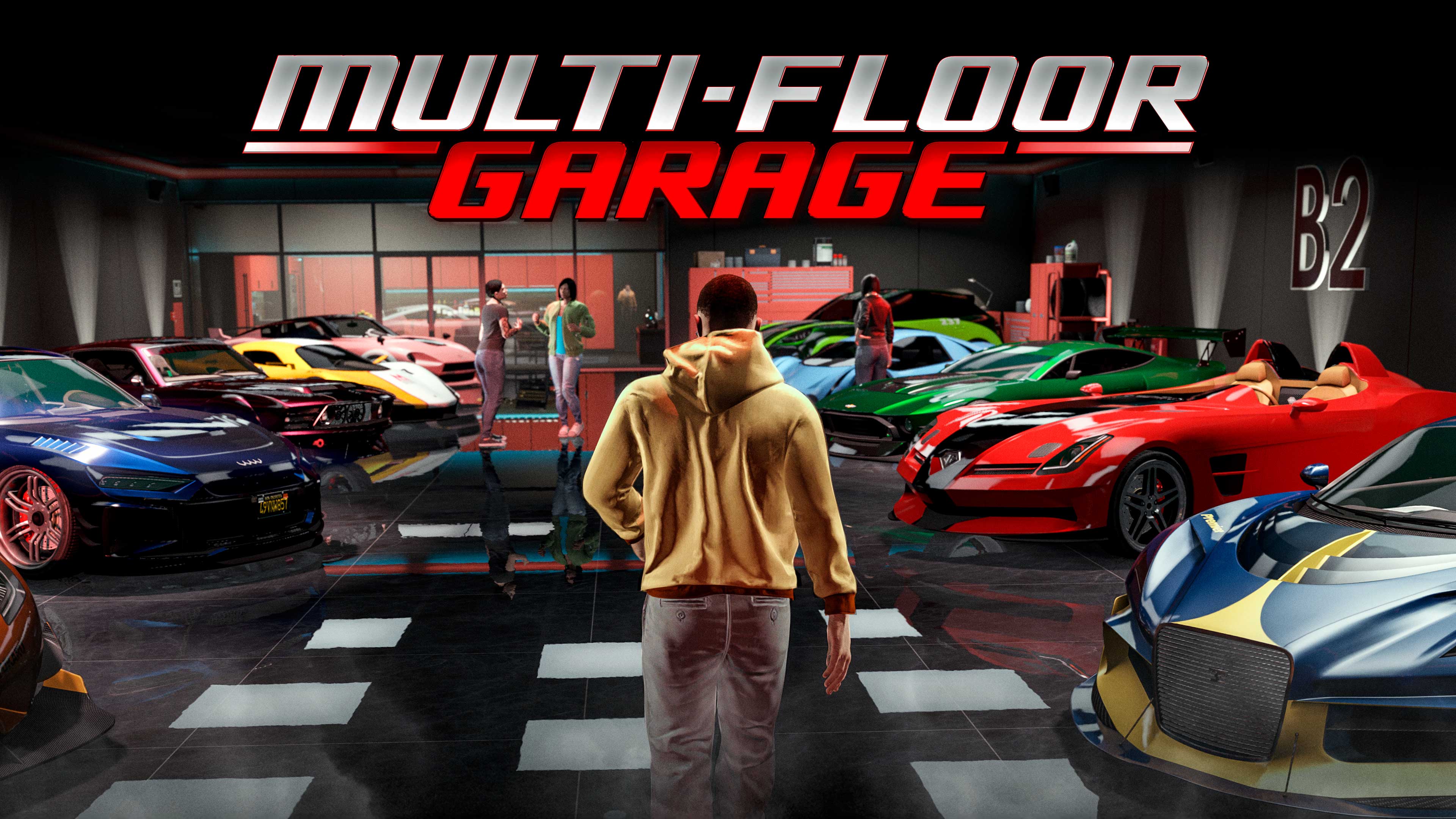 Póster del garage multinivel con un personaje de GTA Online caminando por un concesionario en el que hay numerosos autos.