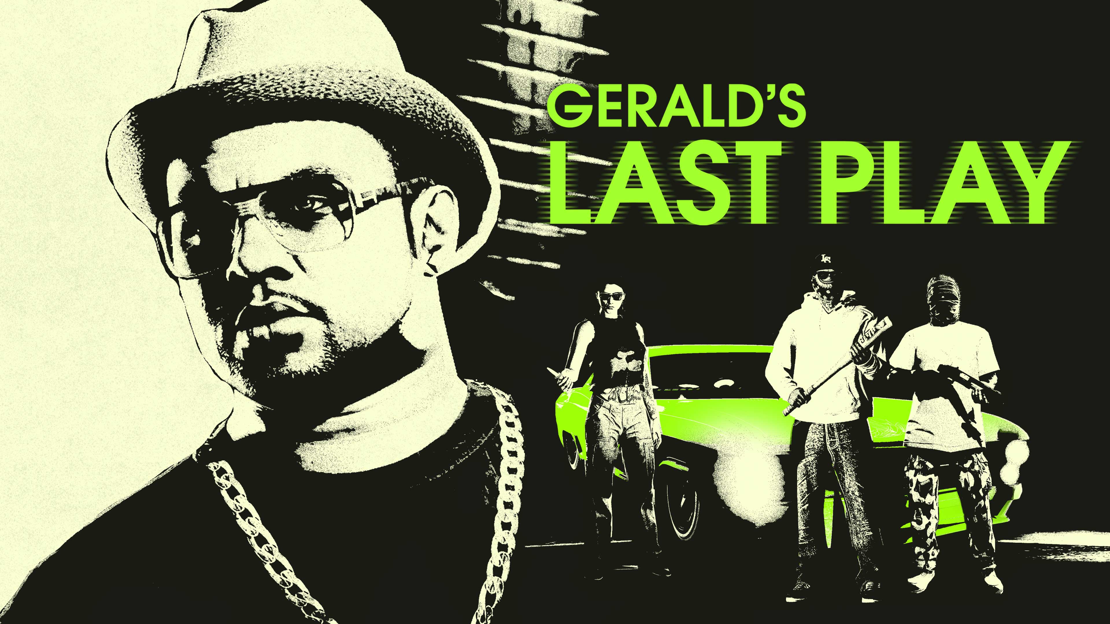 Cartaz de A Saideira de Gerald com arte em estêncil com um retrato de Gerald e um grupo armado de três pessoas perto de um veículo verde.