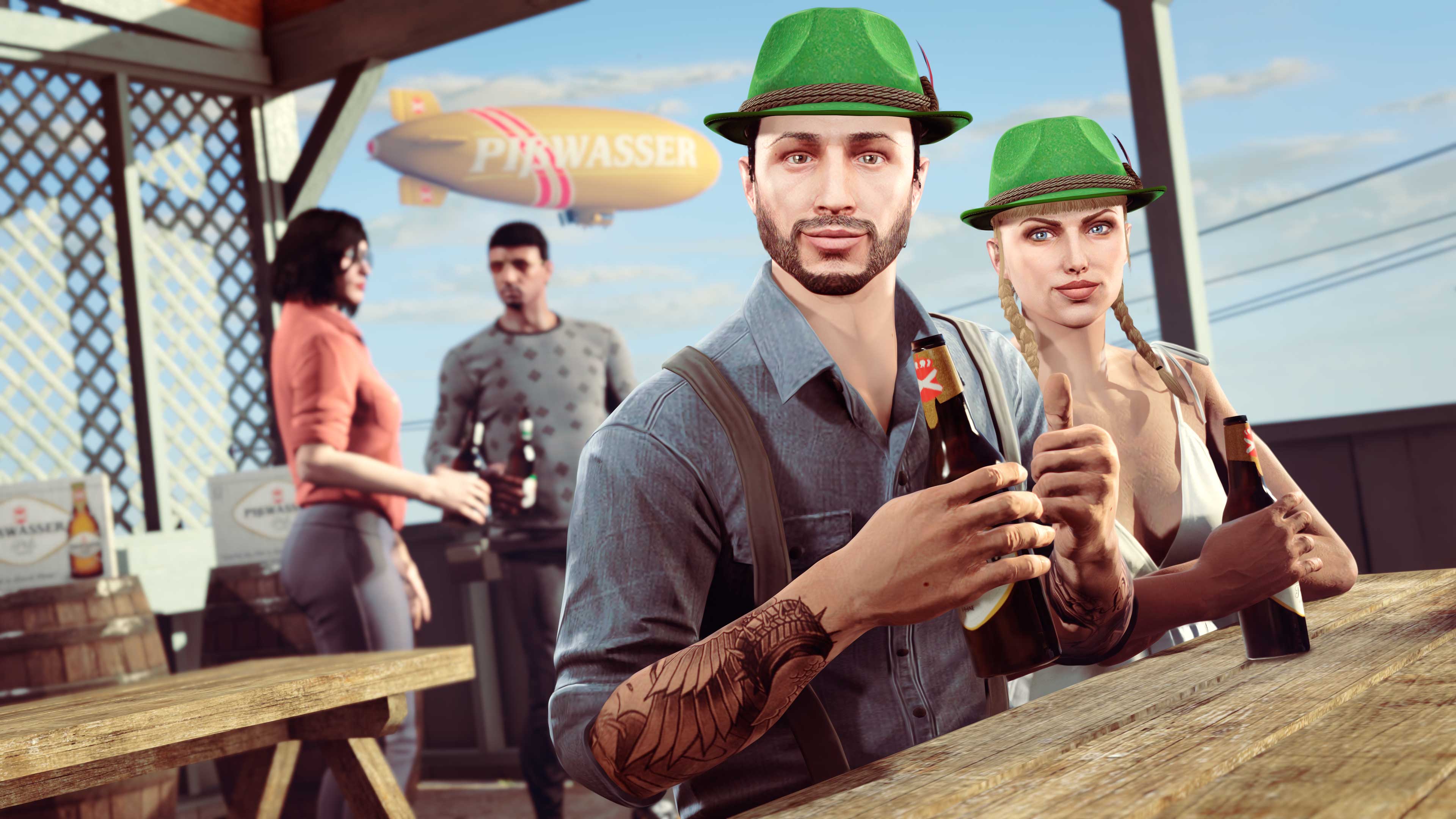 Dois personagens usando o Chapéu Tirolês bebendo em um bar enquanto um dirigível da Pisswasser voa pelo céu.