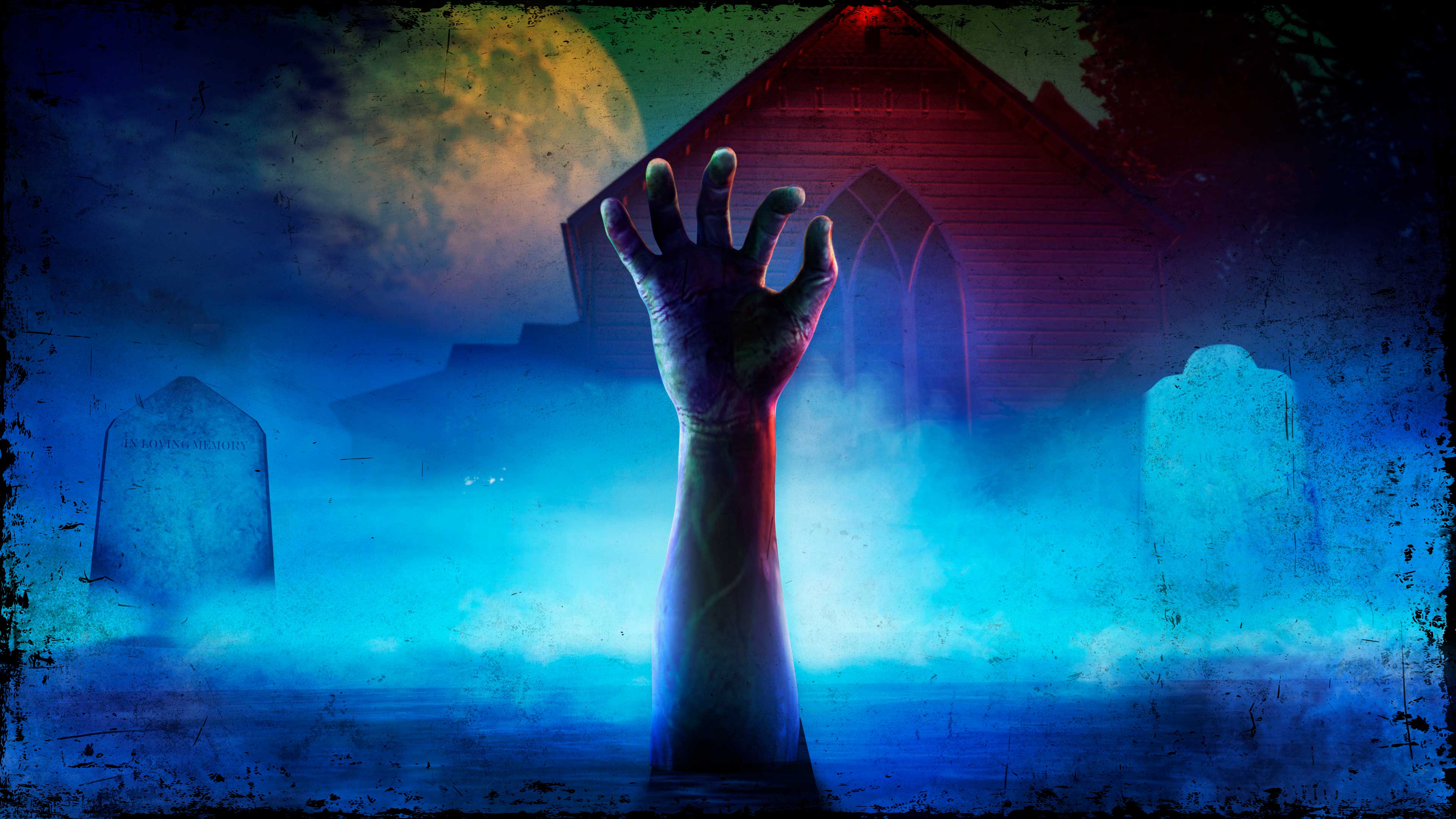 Uma mão zumbi saindo da terra. O fundo mostra dois túmulos à frente de uma igreja.