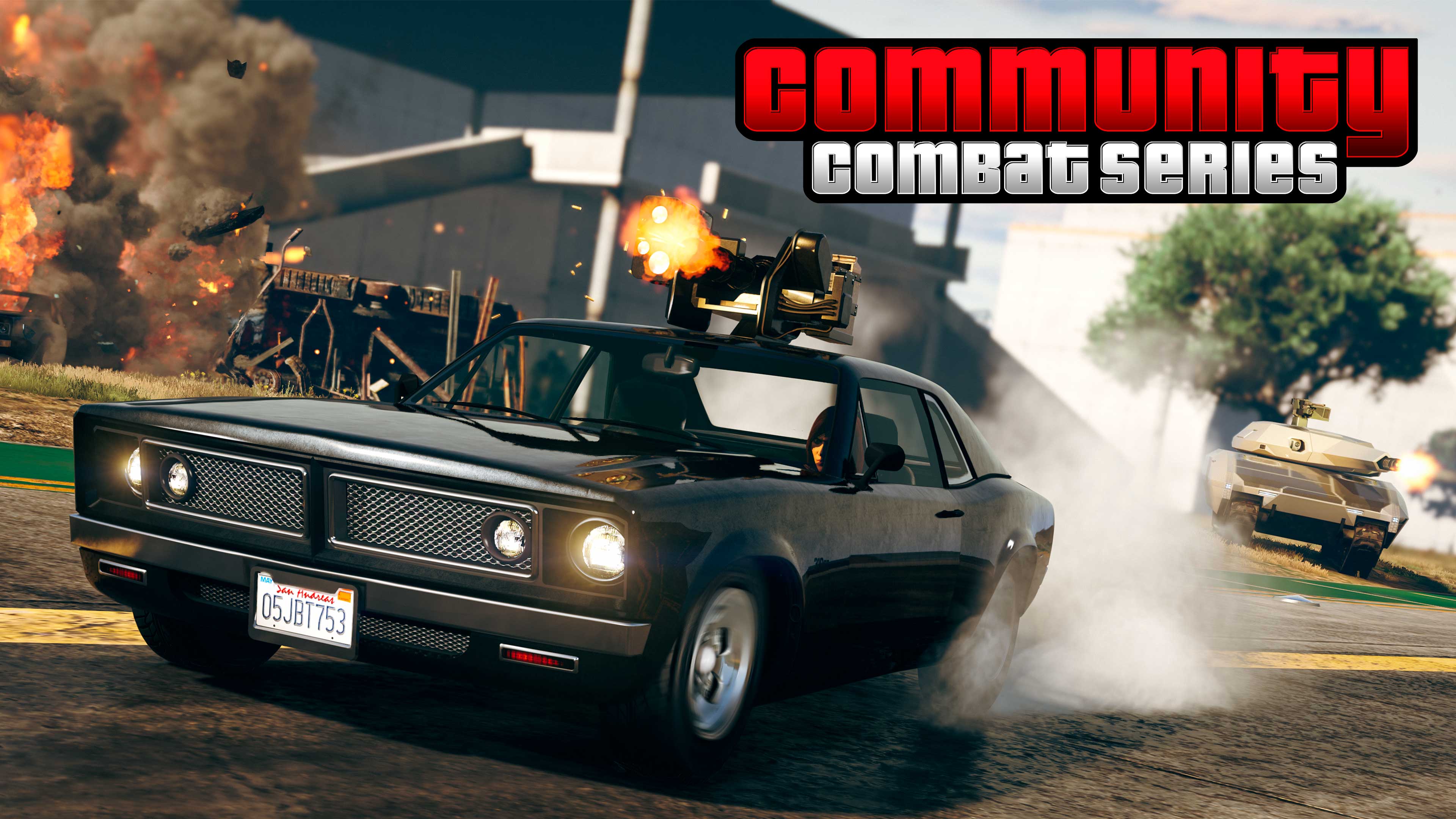 Cartaz de Combates da Comunidade em Série com uma carro armado dirigindo para longe de um tanque Khanjali.