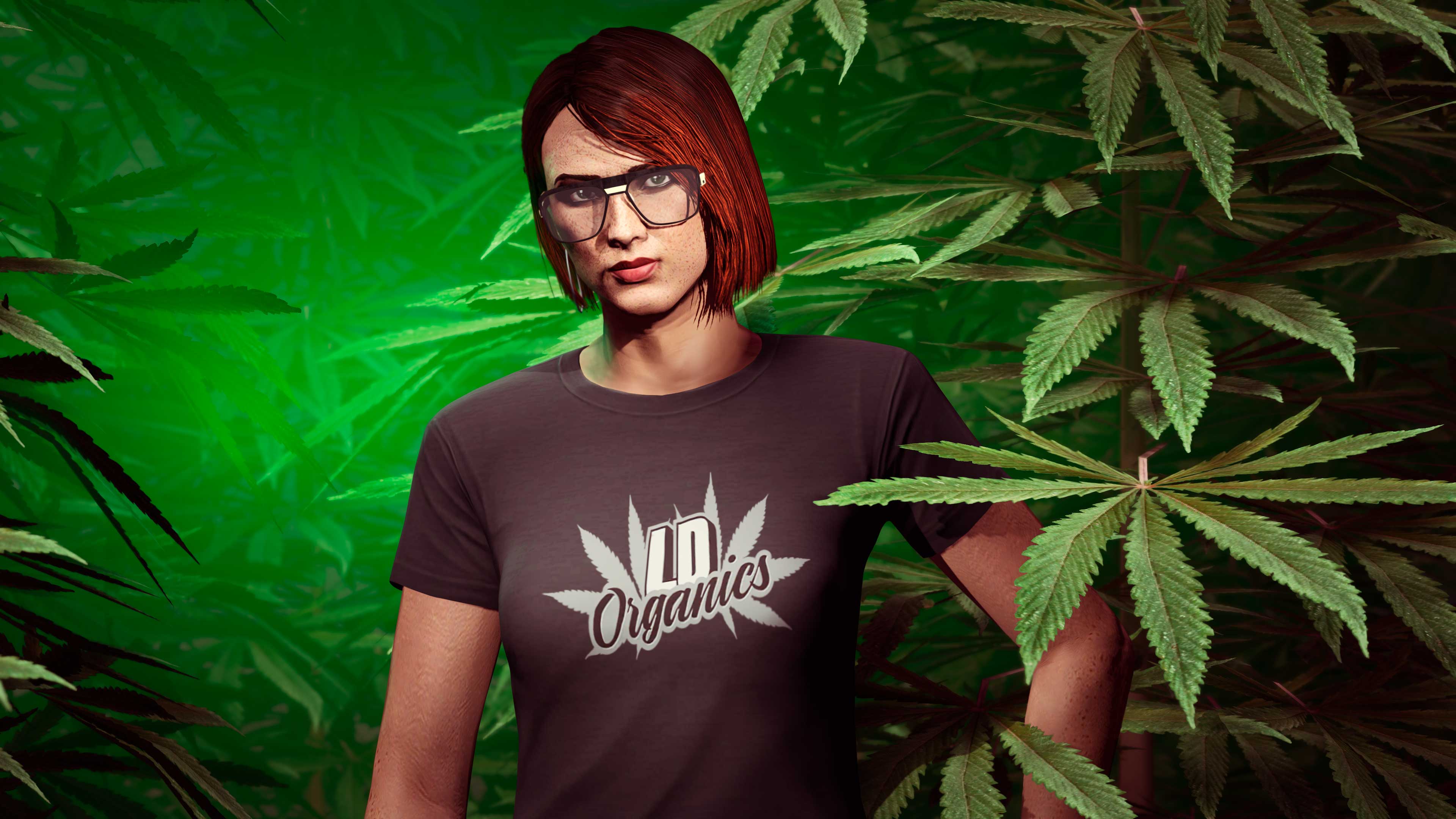 Zrzut ekranu: postać z GTA Online w czarnaej koszulce LD Organics