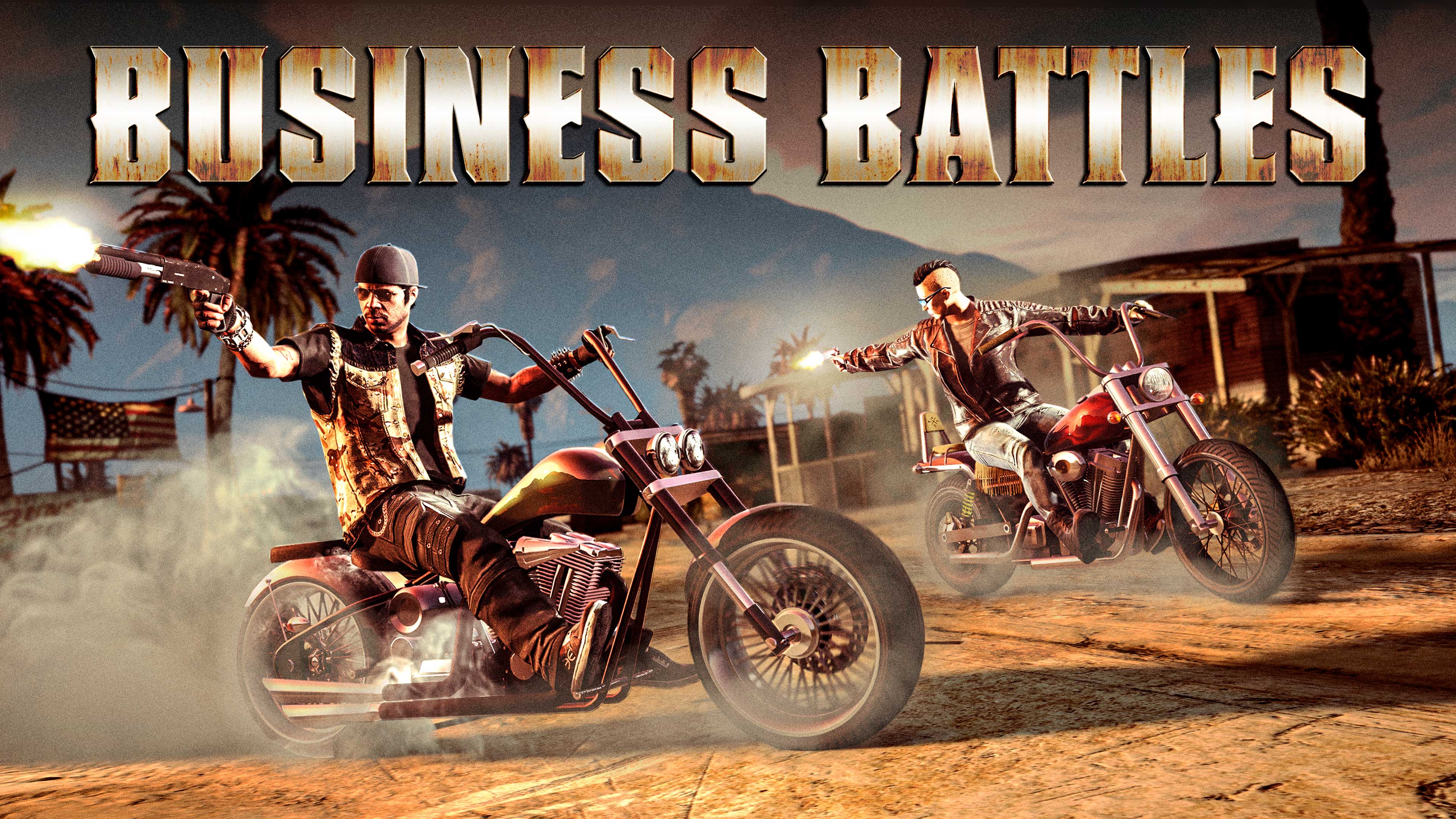 Imagem de motoqueiros no GTA Online com o logotipo de Disputas de Mercado