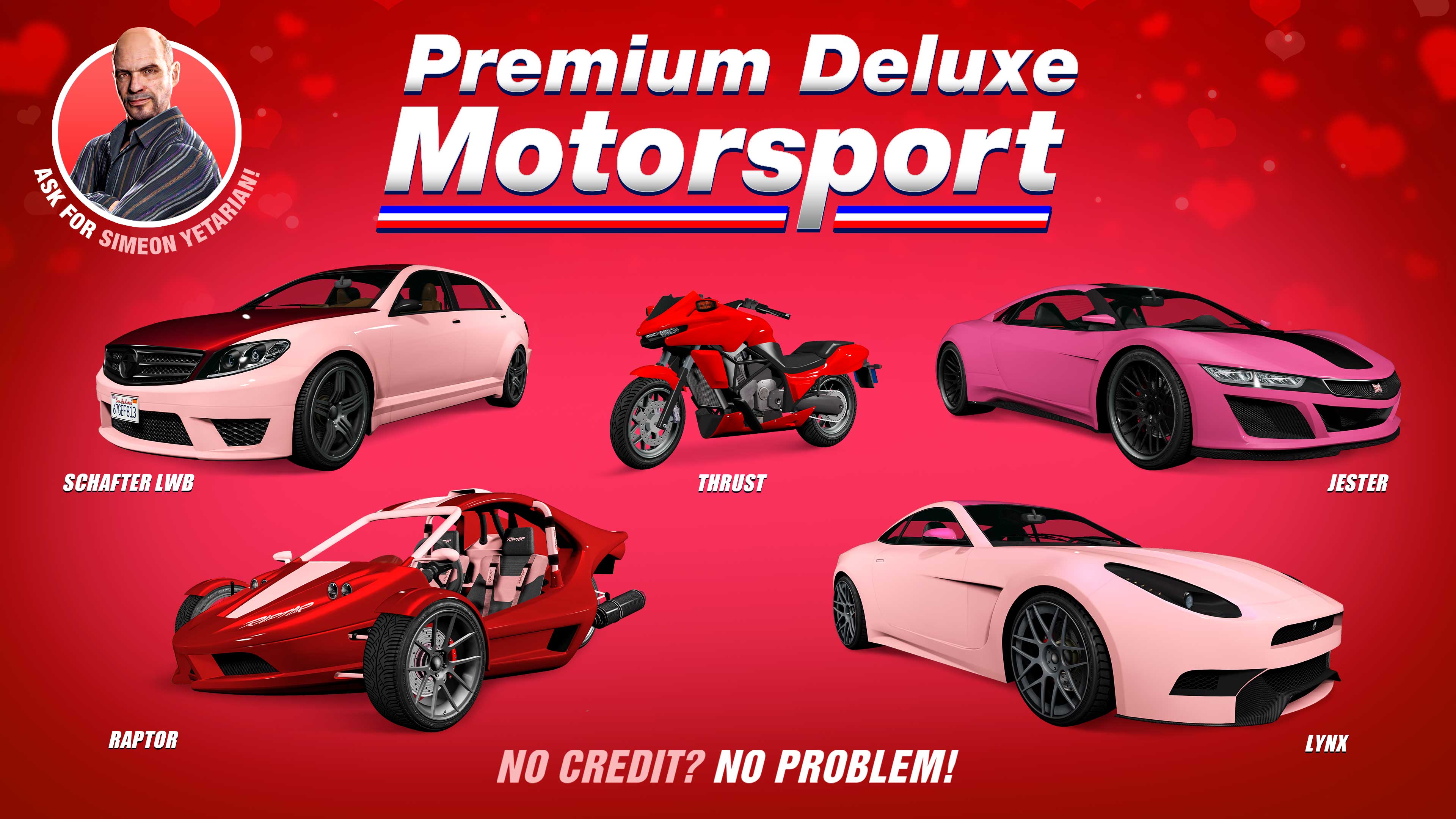 Pôster da Premium Deluxe Motorsport com cinco veículos: Ocelot Lynx, Dinka Jester, Dinka Thrust, BF Raptor e Benefactor Schafter LWB.