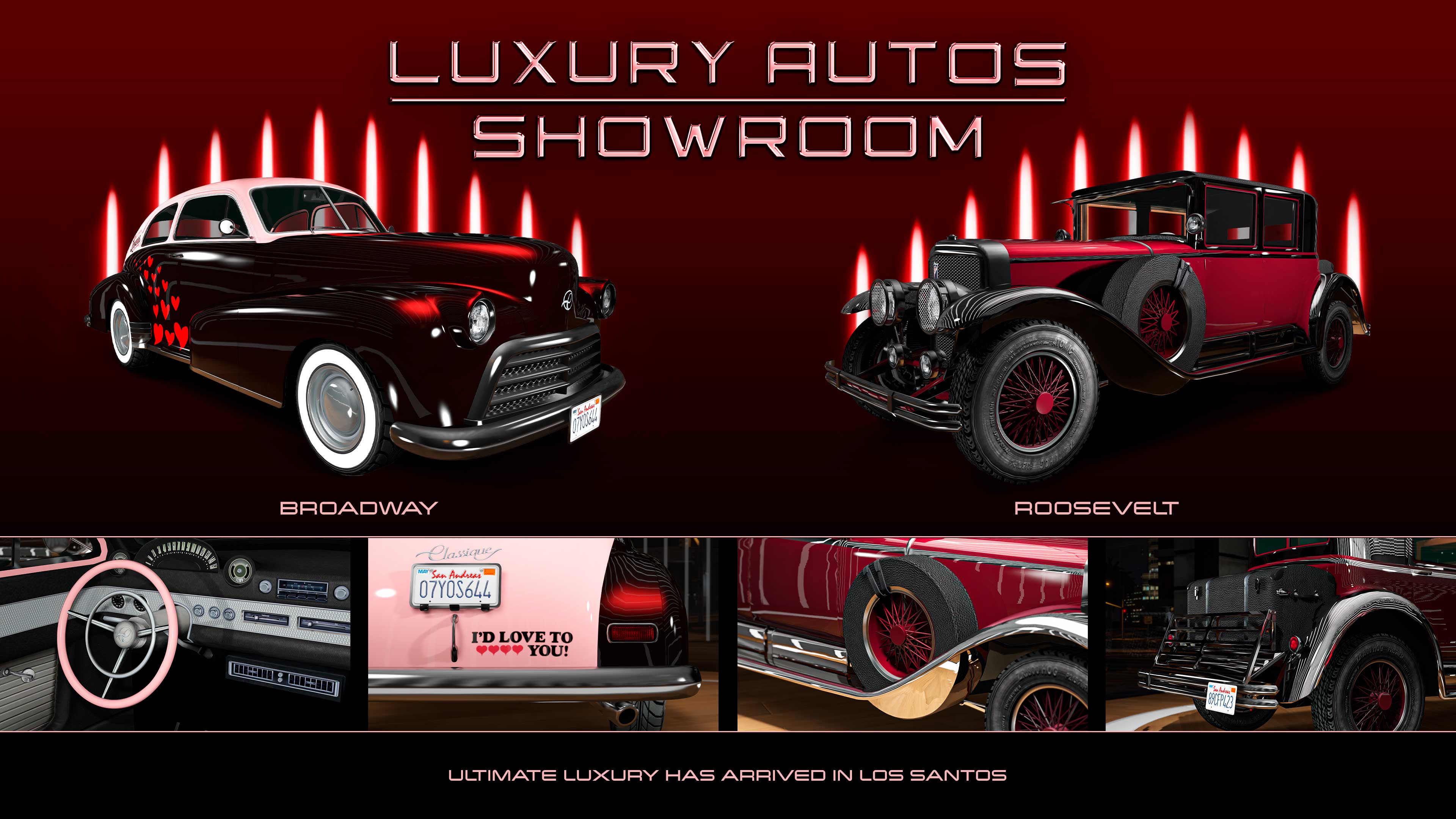 Pôster da Luxury Autos. Esquerda: carro Classique Broadway com a estampa de tempo limitado Los Santos Lovers com corações vermelhos na área acima das rodas traseiras. Direita: Albany Roosevelt com acabamento vermelho.