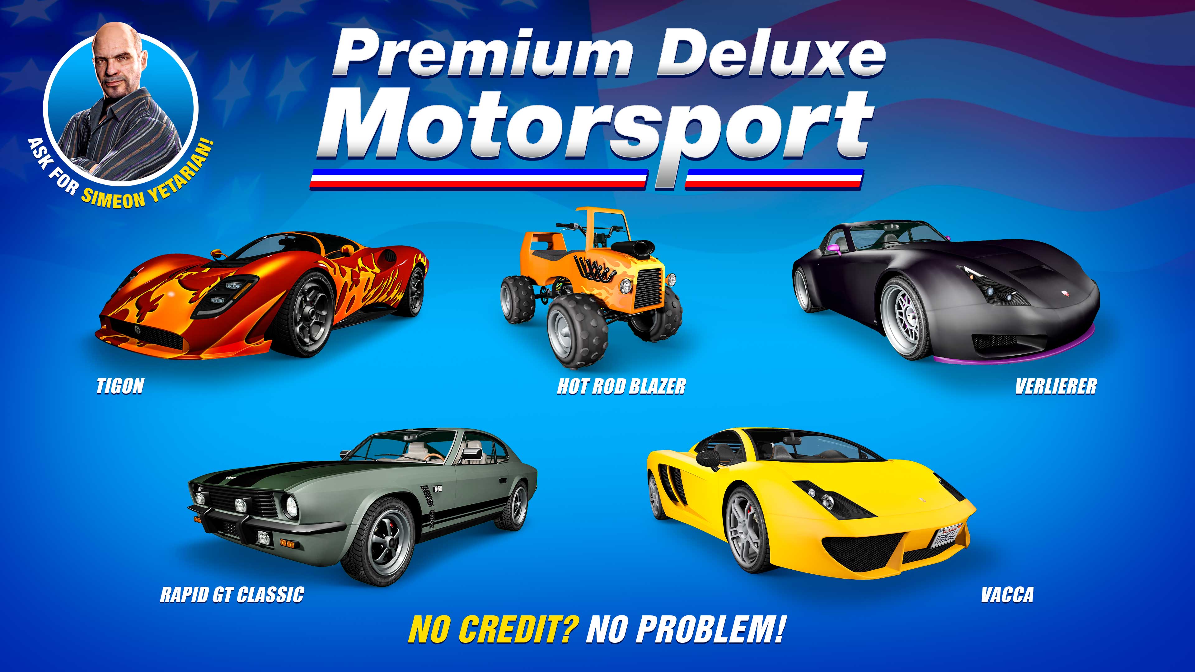 Pôster da Premium Deluxe Motorsport com cinco veículos. Lampadati Tigon, Dewbauchee Rapid GT Clássico, Bravado Verlierer, Pegassi Vacca e Nagasaki Hot Rod Blazer.