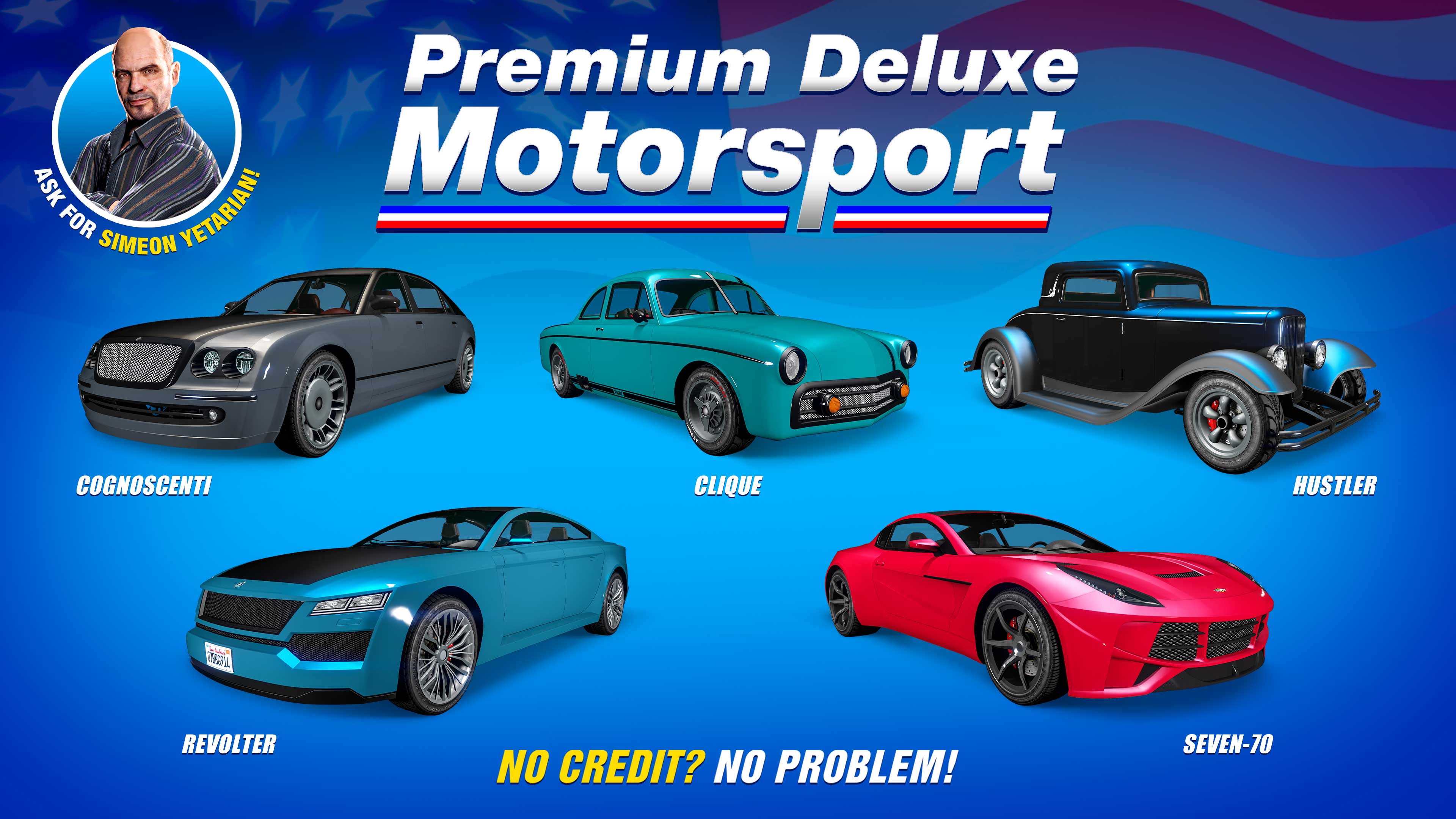 Poster de Premium Automóviles de Lujo que incluye cinco vehículos: Übermacht Revolter, Vapid Clique, Dewbauchee Seven-70, Vapid Hustler, Enus Cognoscenti.
