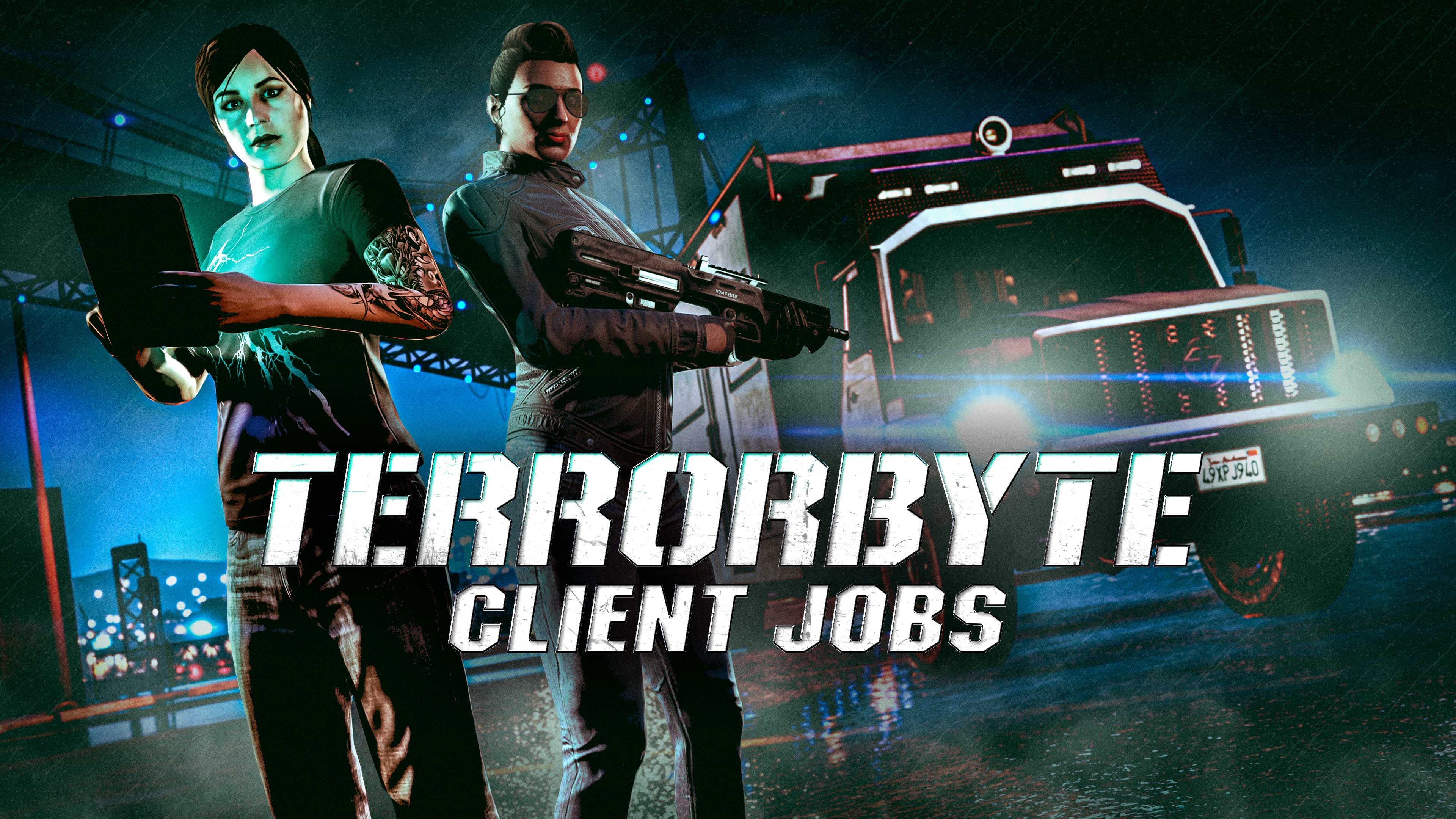 Pôster do evento Serviços de Cliente do Terrorbyte. Dois personagens de GTA Online estão em pé perto de um caminhão Benefactor Terrorbyte. Um está armado com um rifle automático e o outro está segurando um tablet.