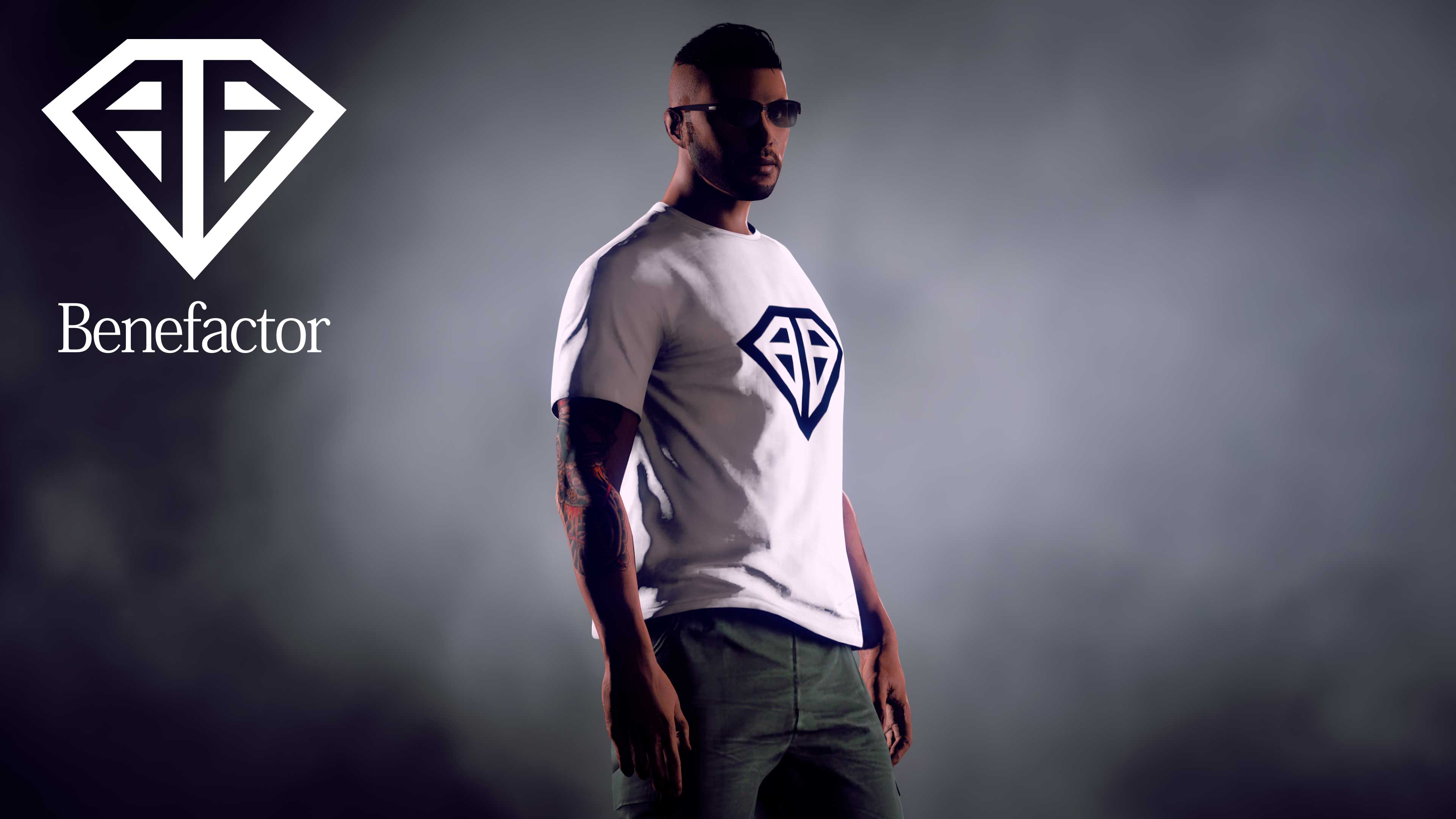 Um personagem de GTA Online veste uma Camiseta Benefactor com o logotipo preto em forma de diamante.