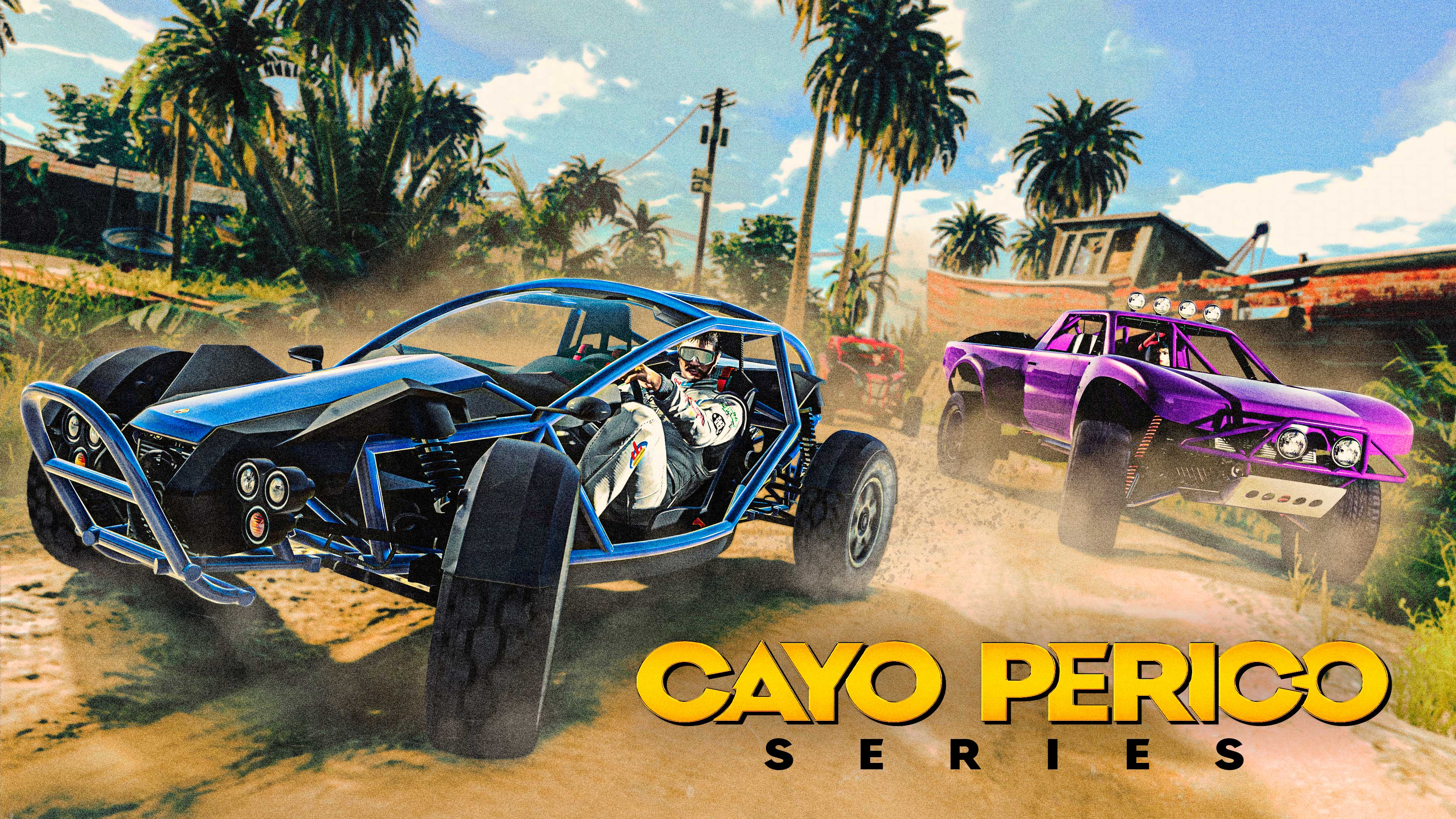 Pôster de Cayo Perico em Série com três veículos off-road acelerando em uma estrada de areia perto de uma carcaça de navio.
