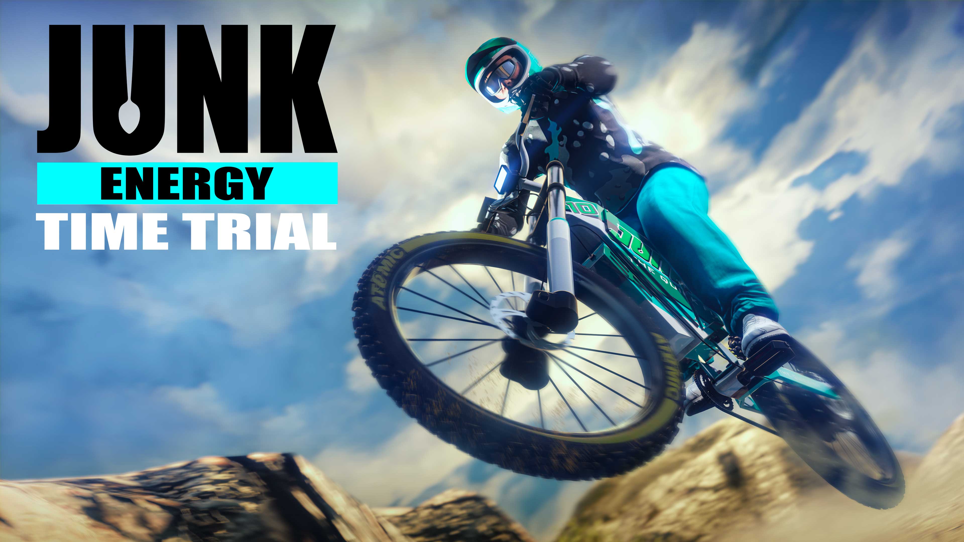 Pôster do evento Desafios Contra o Relógio Junk Energy com um personagem de GTA Online saltando por cima de rochas com uma bicicleta off-road.