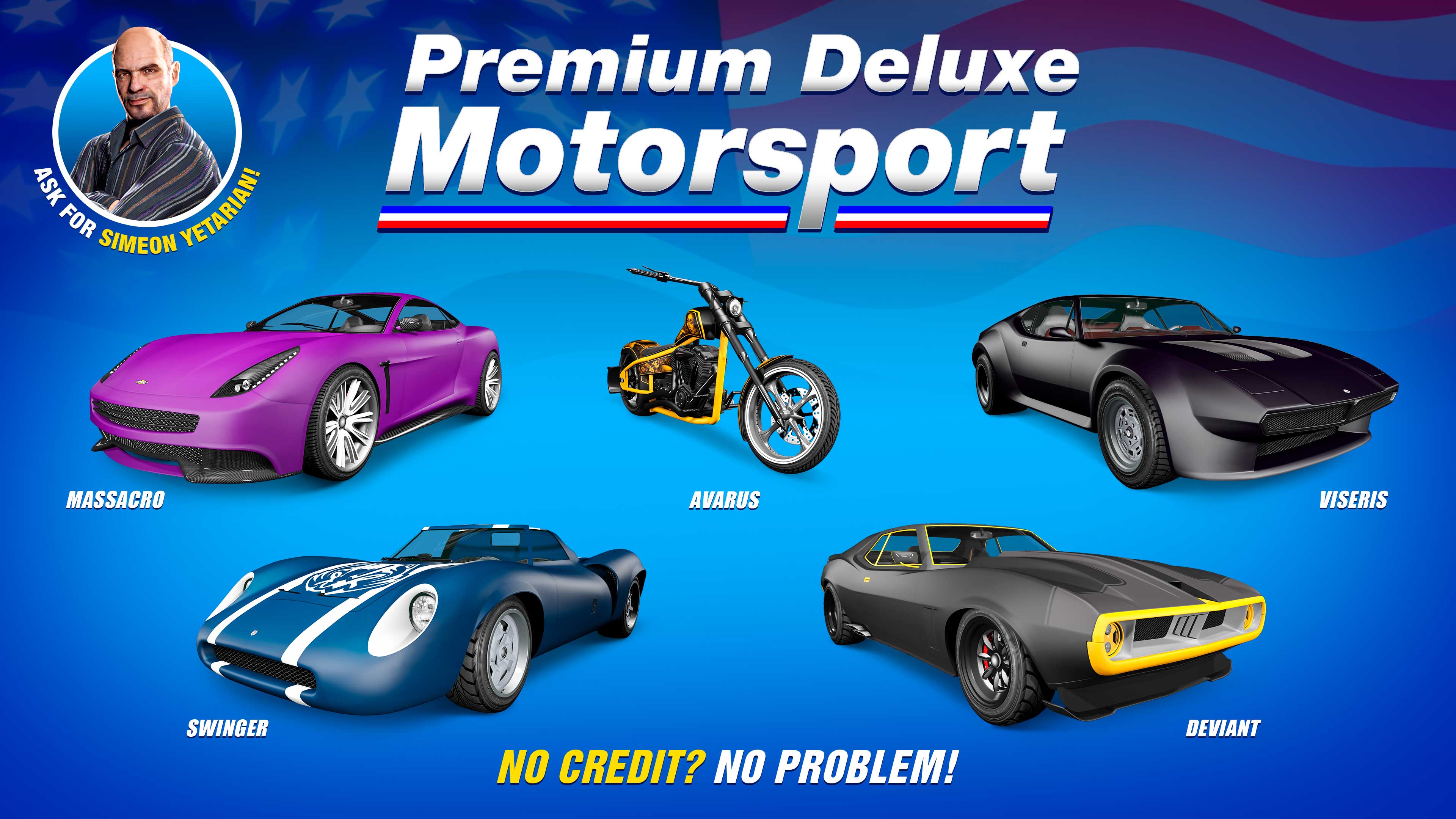 Pôster da Premium Deluxe Motorsport com cinco veículos: Ocelot Swinger, Lampadati Viseris, Schyster Deviant, Dewbauchee Massacro e LCC Avarus.