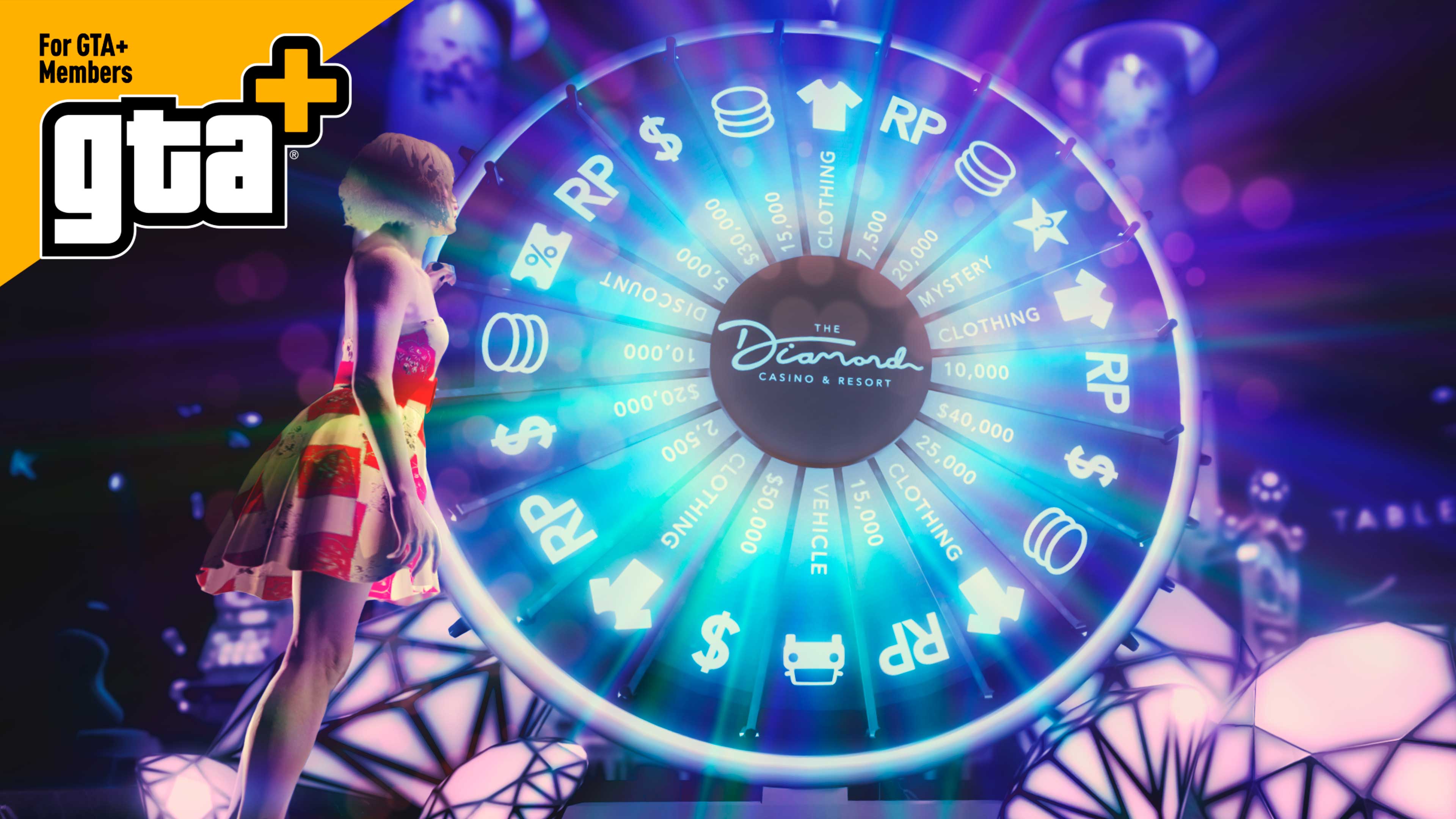 A Roda da Fortuna do Cassino e Resort Diamond brilha intensamente. O texto diz: “Para membros do GTA Plus”.