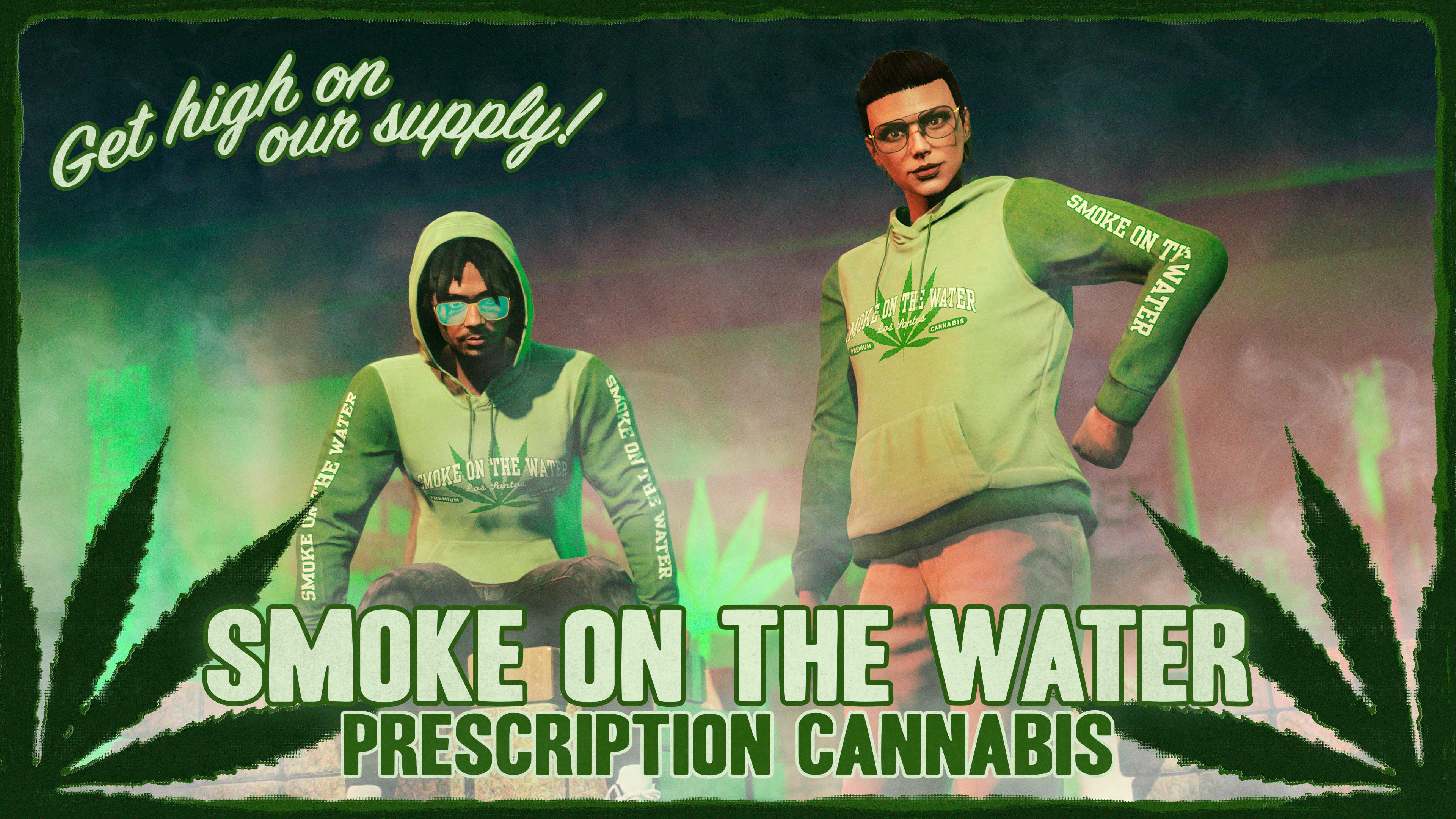 Pôster de prescrição de cannabis de Smoke on the Water com dois personagens cercados de fumaça usando roupas de Smoke on the Water. O texto do pôster diz “Fique chapado com nossos produtos!”