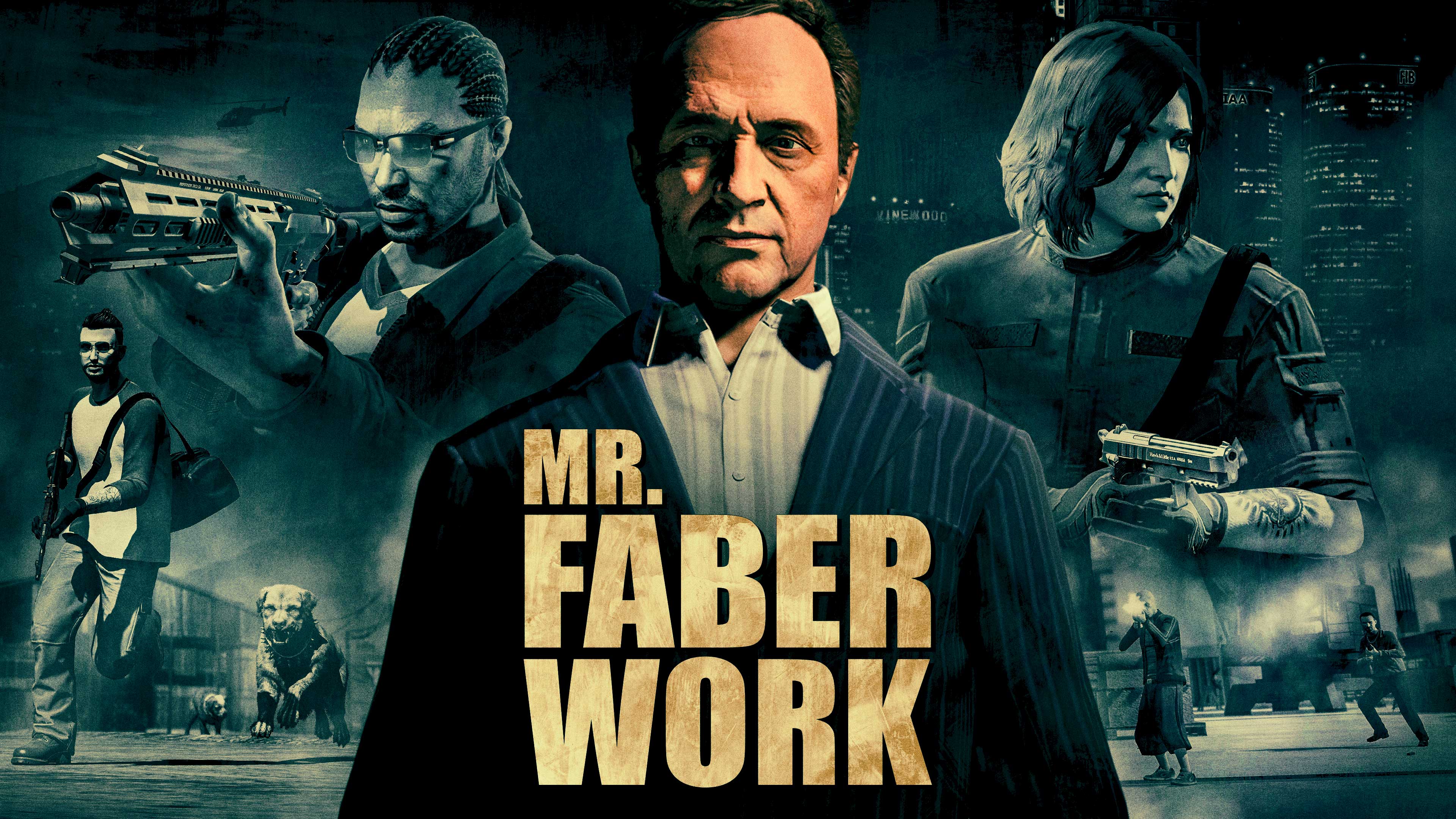 Pôster de Trabalhos do Sr. Faber mostrando o Sr. Faber e personagens do GTA Online armados ao fundo.