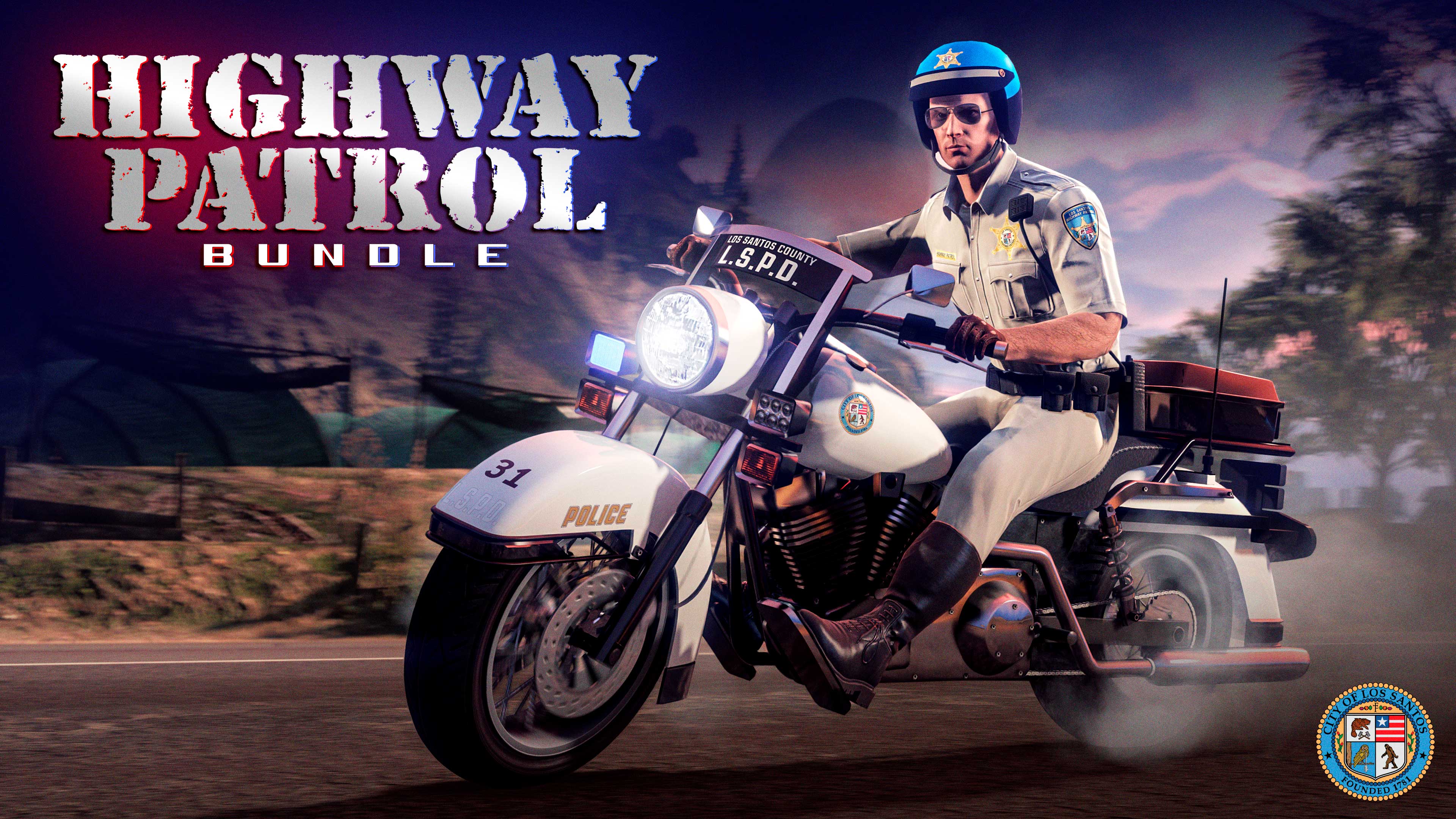 Pôster do Kit de Polícia Rodoviária, com um personagem vestindo o traje Patrulheiro Verão pilotando a Moto Policial Western.