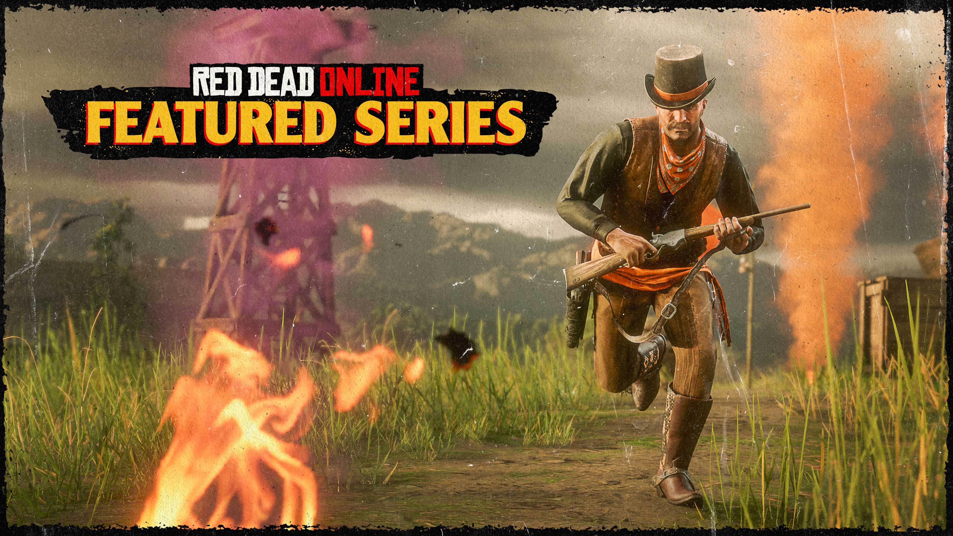 Pôster de uma Série em Destaque no Red Dead Online com um personagem armado correndo por um campo incendiado.