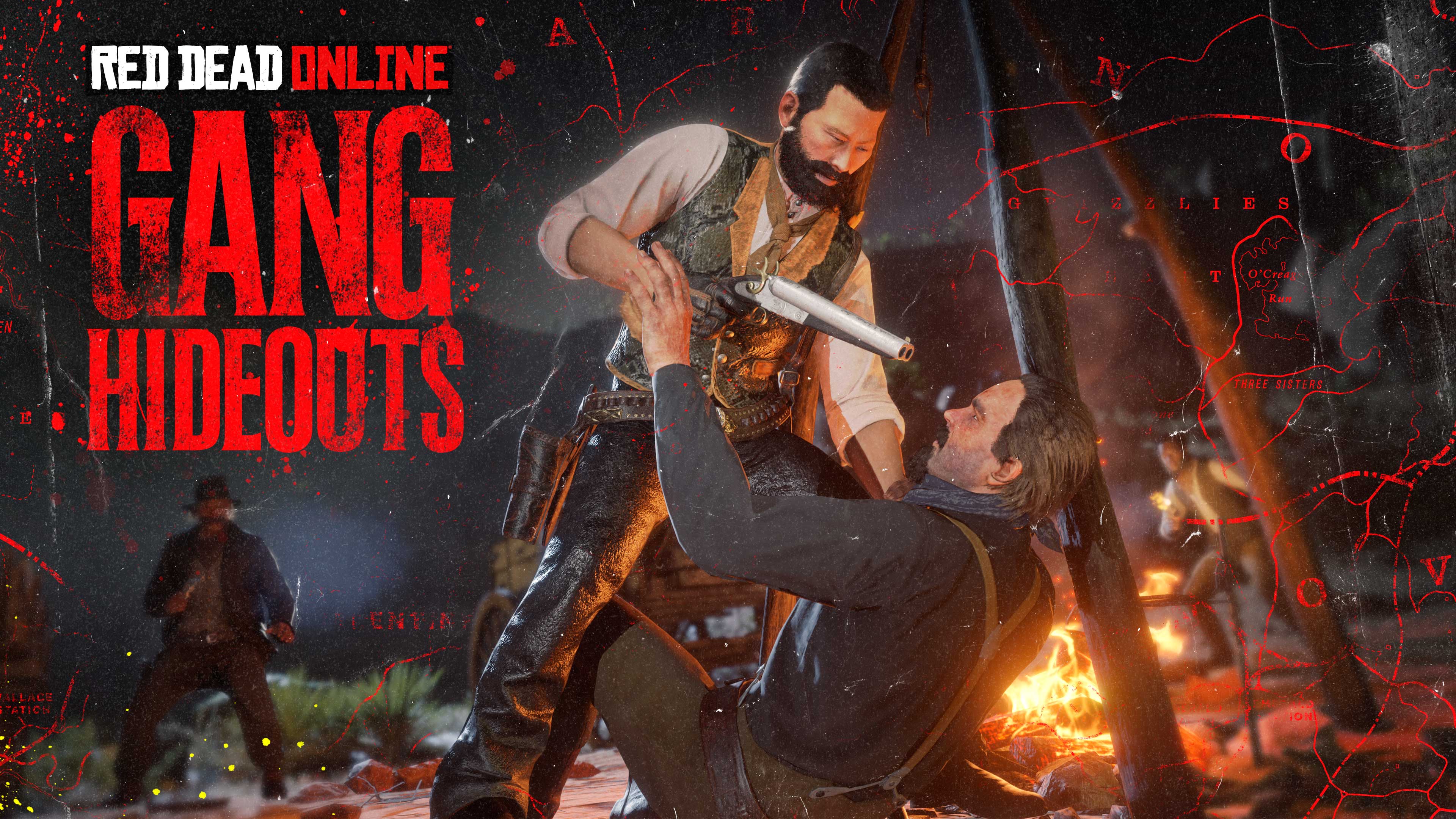 Pôster de Esconderijos do Red Dead Online. Um personagem com uma escopeta de cano serrado luta contra outro personagem, que está no chão, enquanto um fora da lei observa.