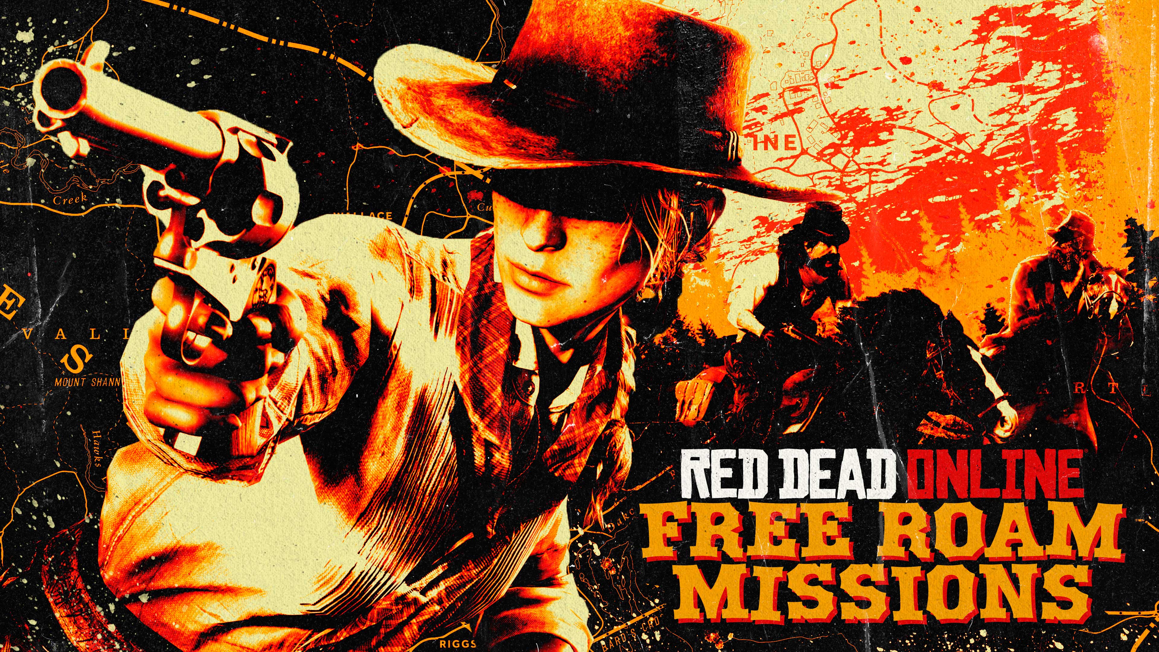 Pôster do evento de missões do Modo Livre de Red Dead Online com um personagem armado olhando para onde o revólver está apontando.