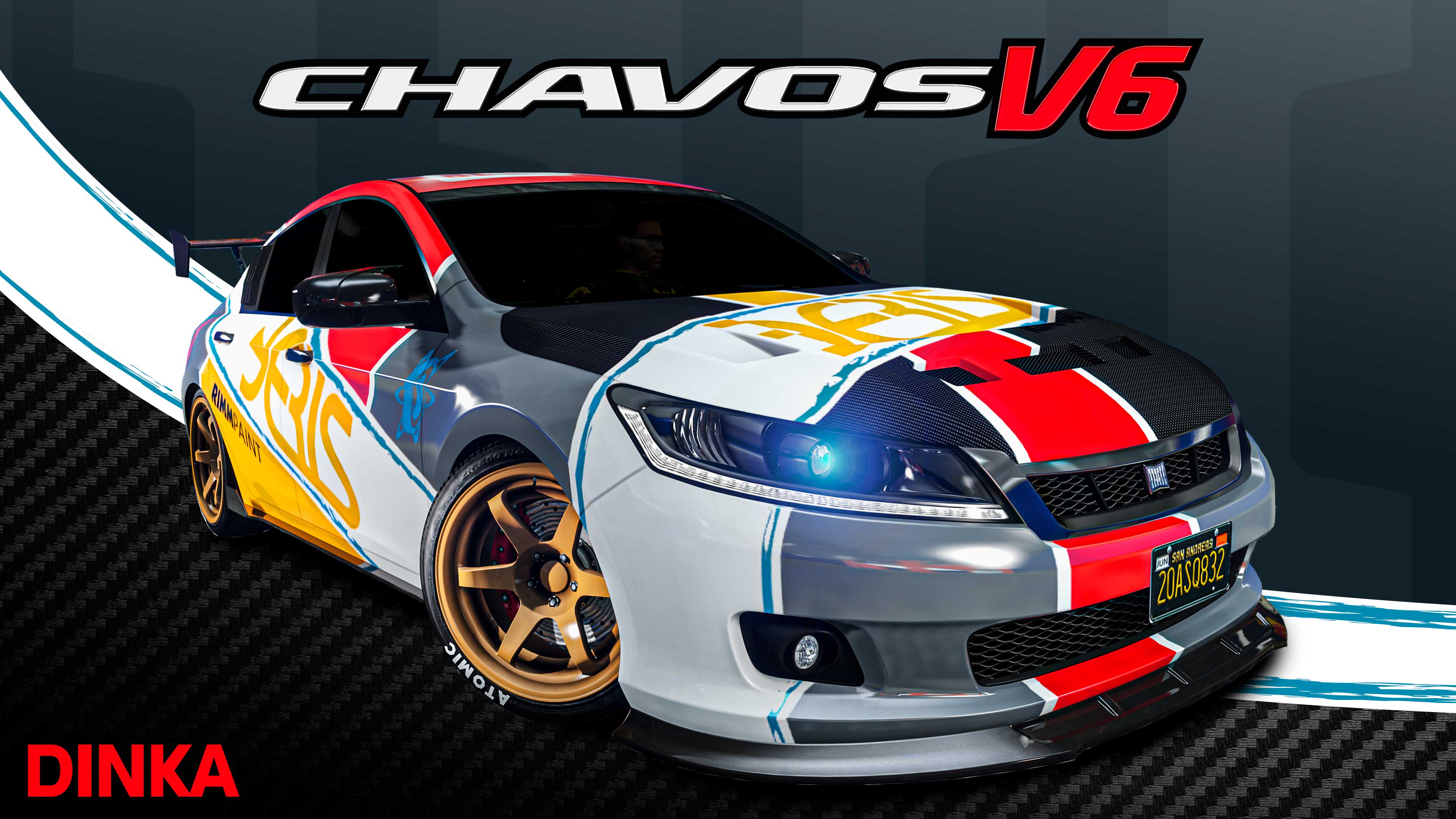 Um carro Dinka Chavos V6 de quatro portas com rodas douradas e estampa de marca nas cores vermelha, amarela, branca e cinza.