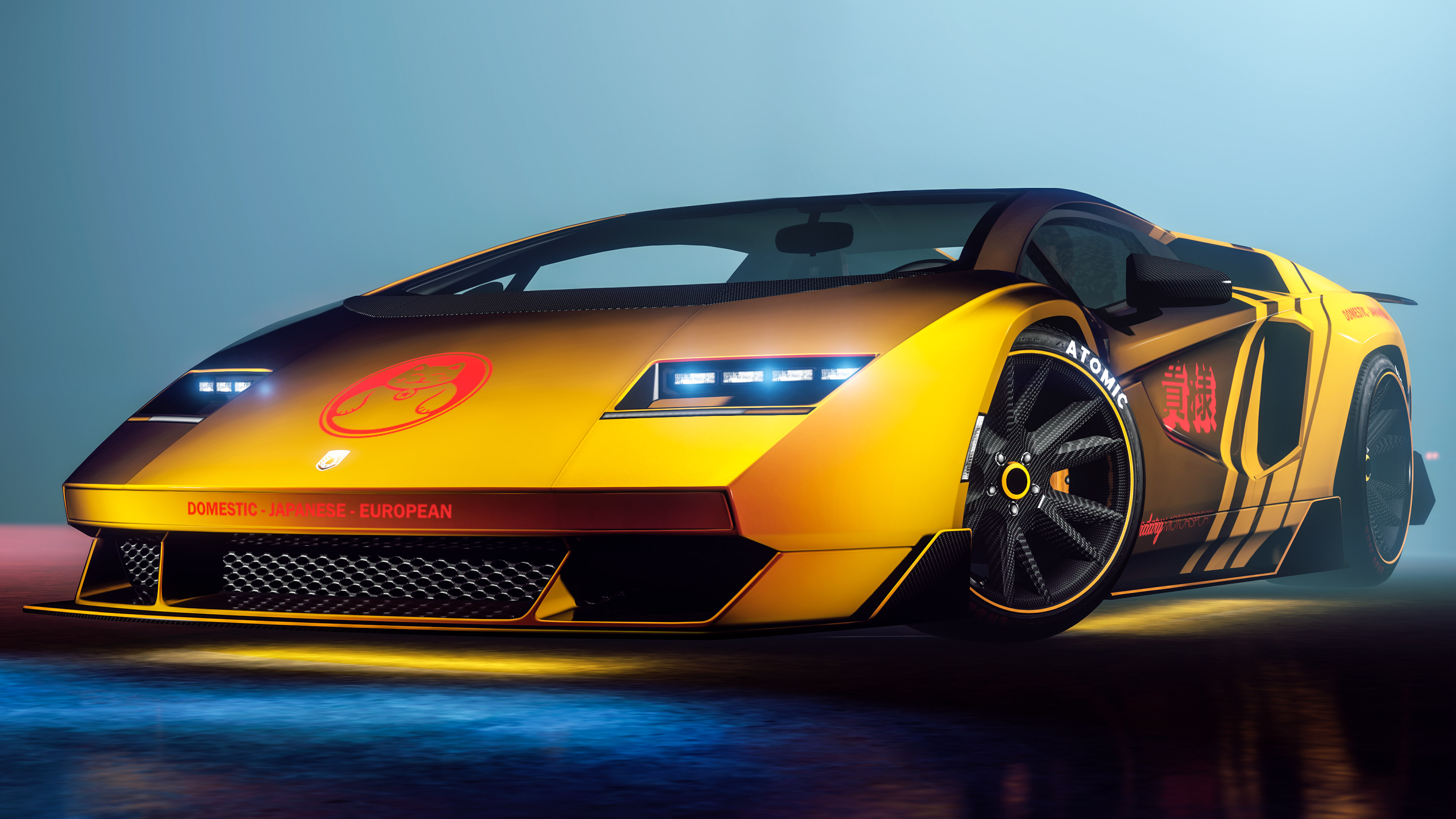 A yellow Pegassi Torero XO with a red art livery and a neon yellow underglow. 