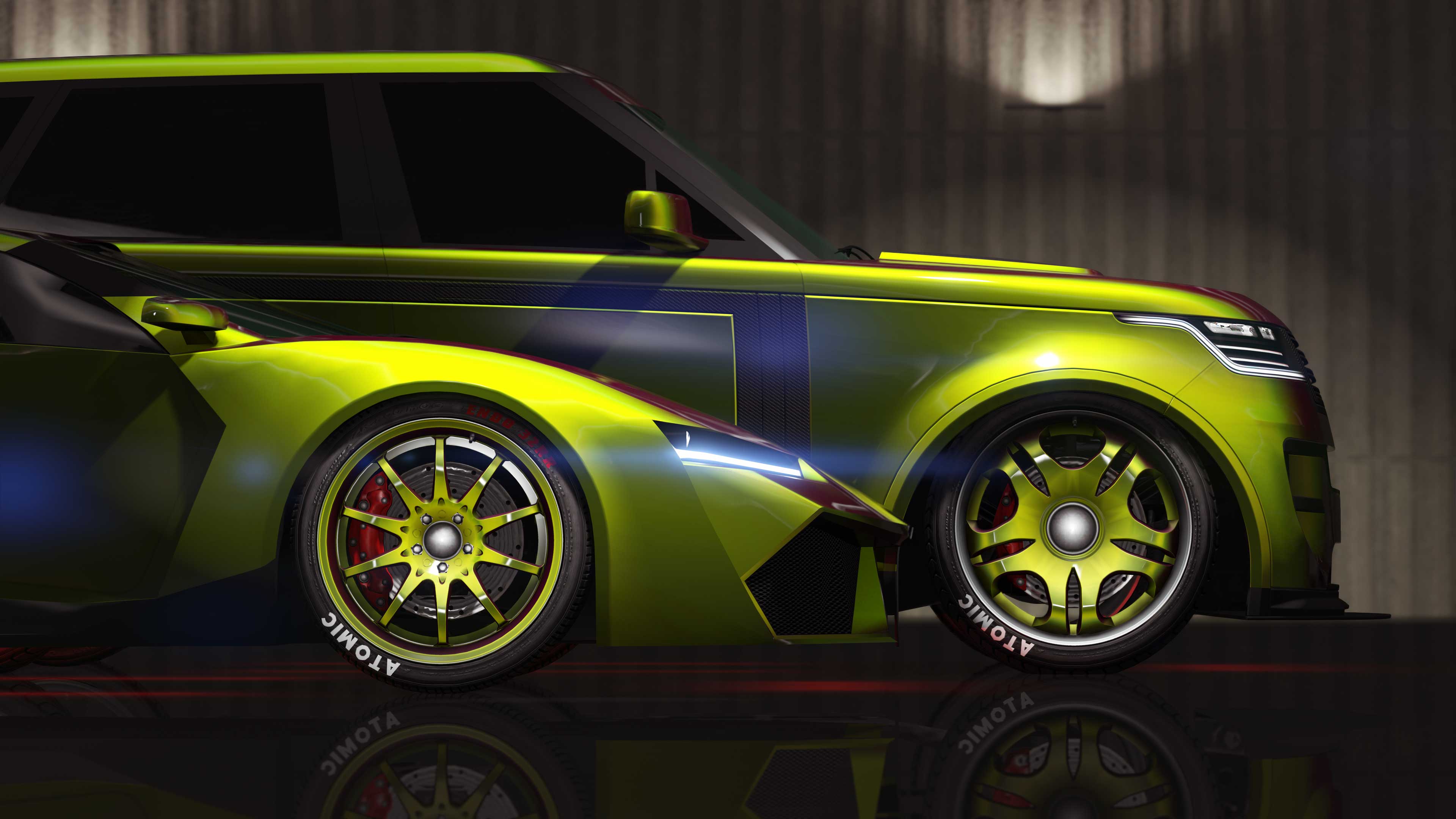 Two cars showcasing the Green/Red Flip Chameleon Paint and Chameleon Wheel Paint. 