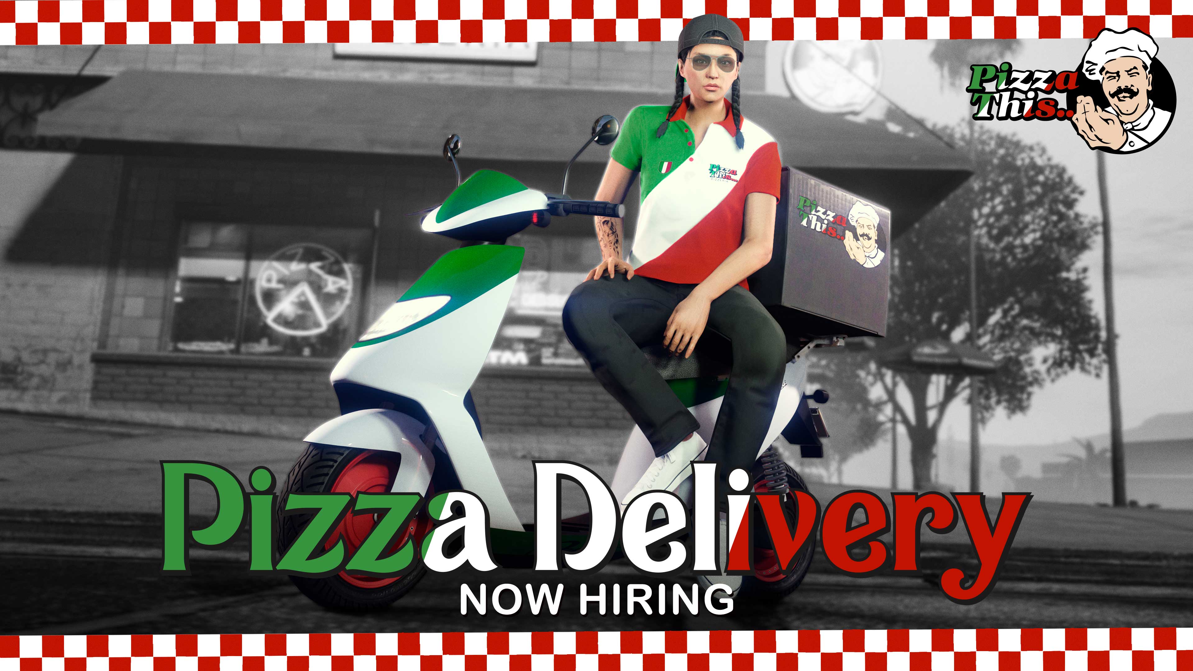 Pôster de Entregas de Pizza com um personagem do GTA Online vestindo o traje do Pizza This... com as cores verde, branco e vermelho e está sentado sobre uma moto Pegassi Pizza Boy com detalhes em verde e branco e aros vermelhos.