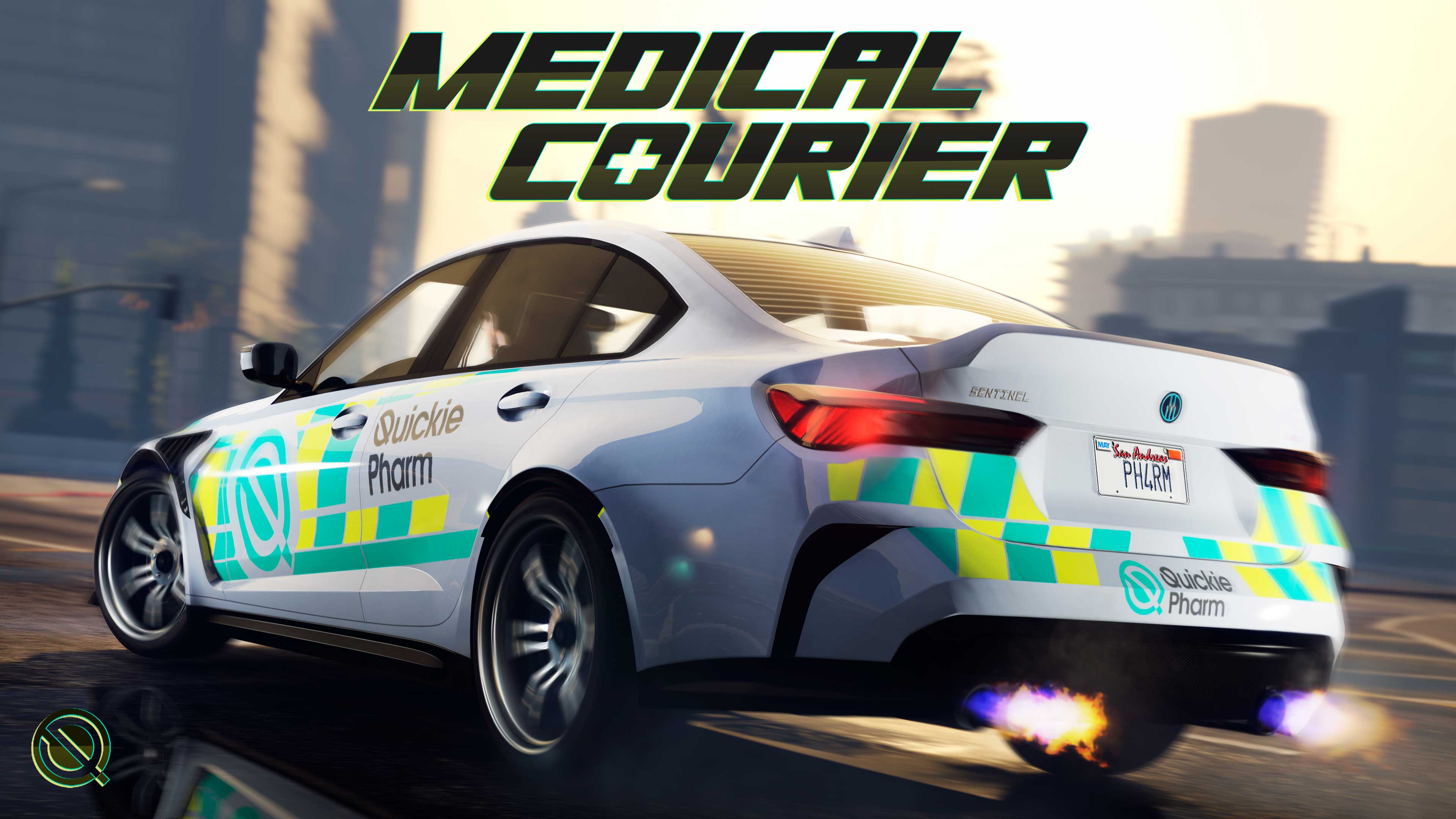 Pôster de Entregas Médicas com um carro branco da QuickiePharm com um quadriculado verde e amarelo.