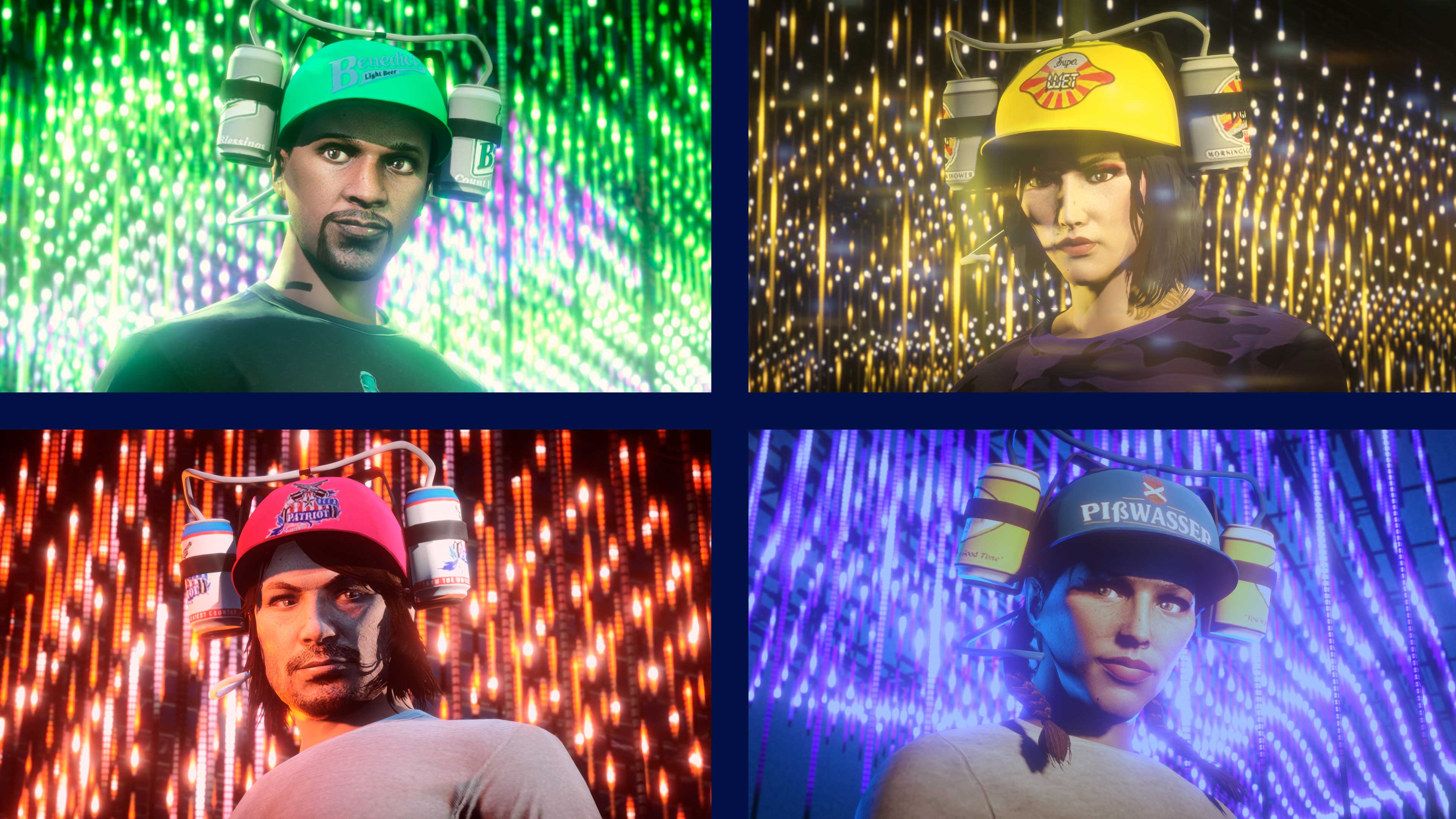 imagem de personagens no GTA Online usando chapéus com latas de cerveja acopladas