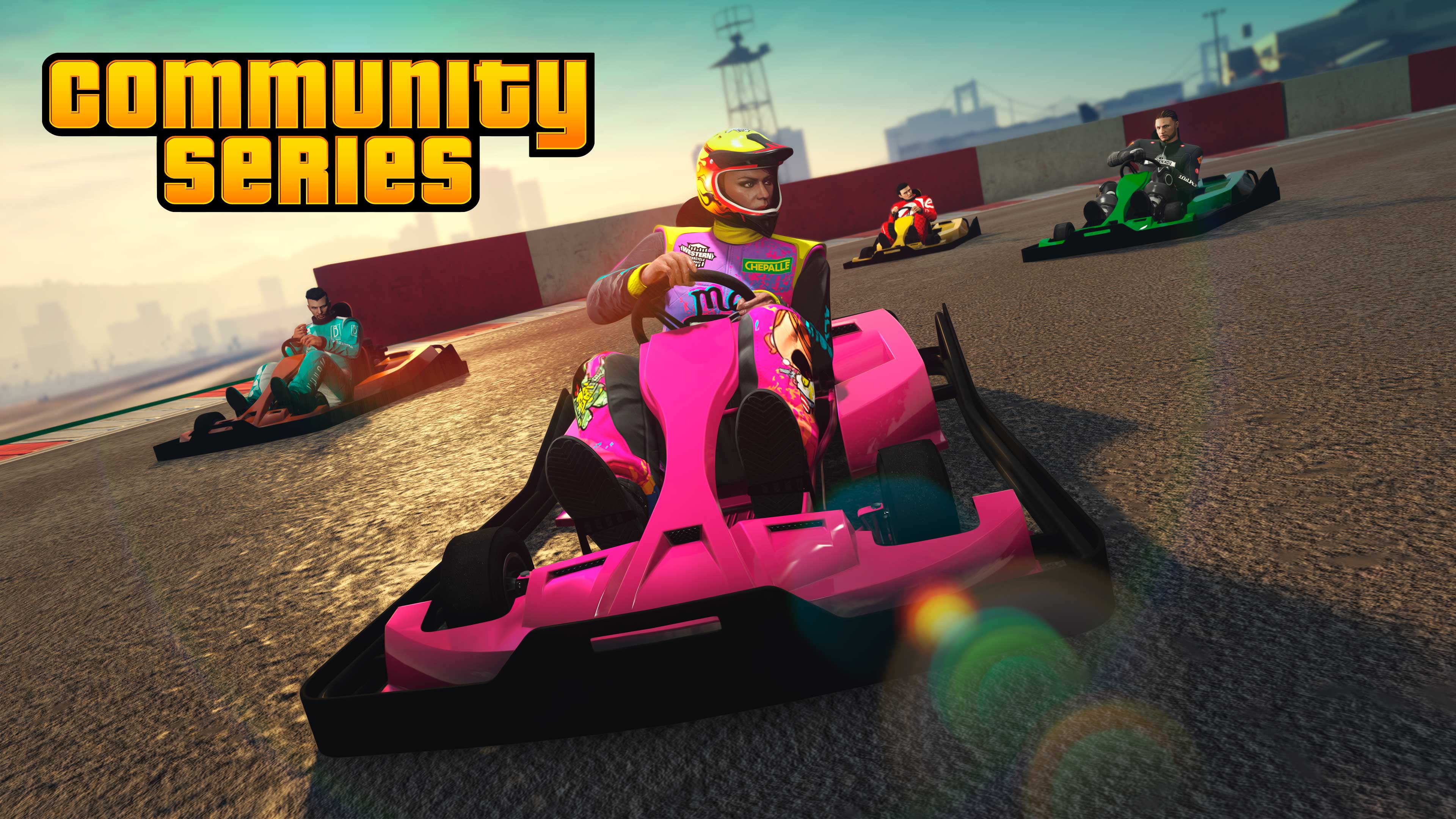 Poster della serie della comunità con quattro personaggi di GTA Online alla guida di go-kart