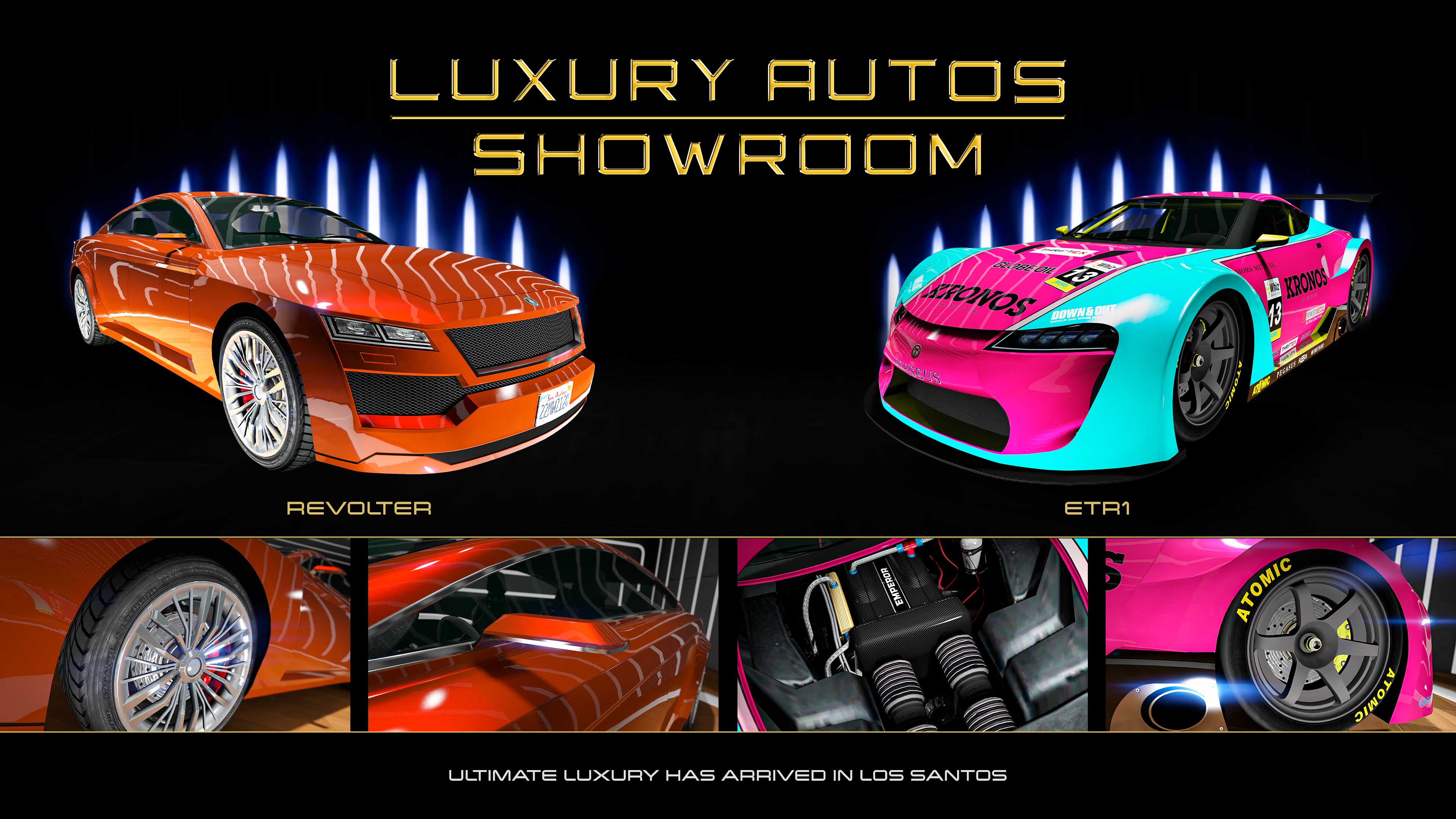 Poster dell’autosalone Luxury Autos Showroom con la Übermacht Revolter e la Emperor ETR1