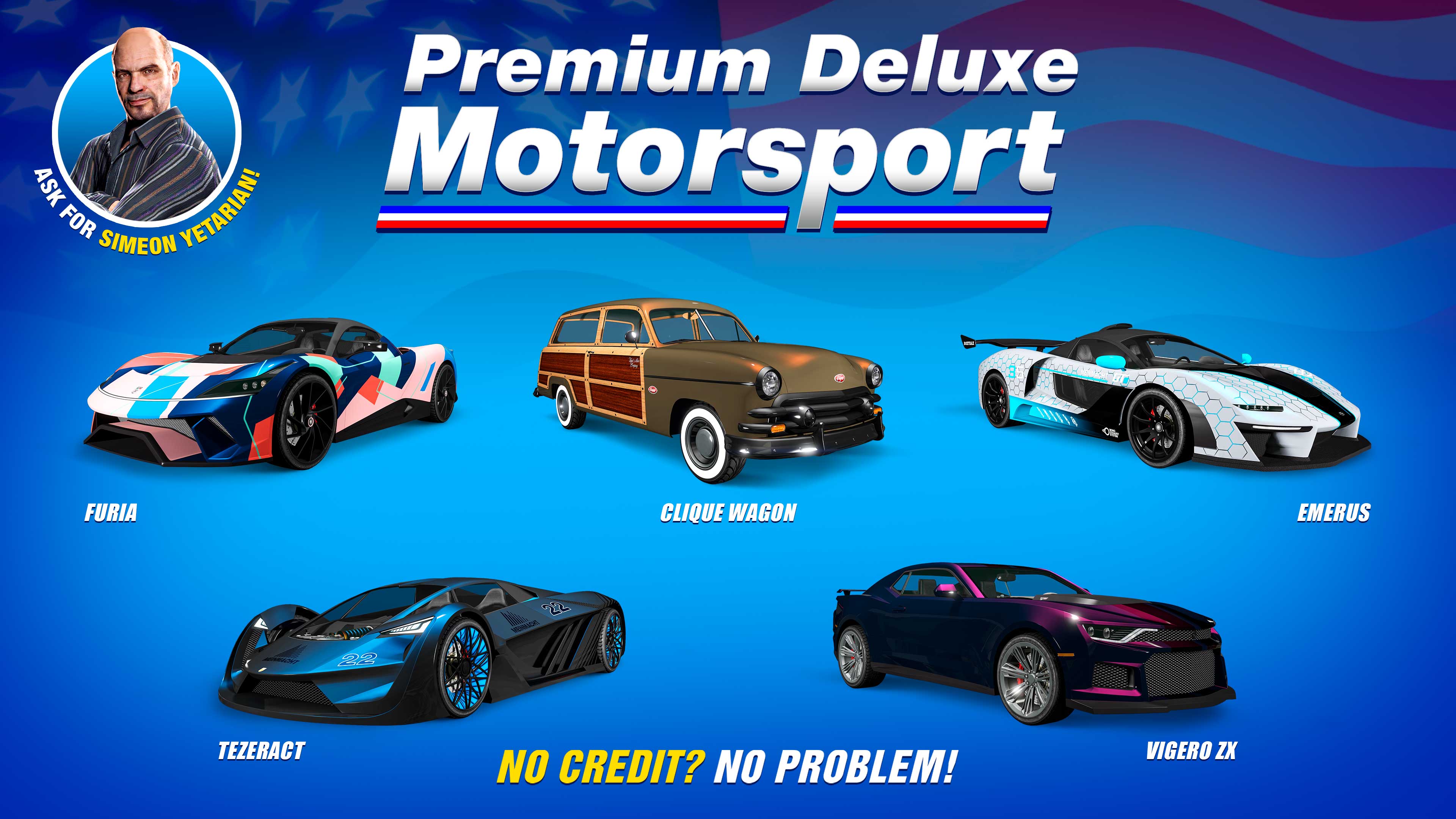 Poster dell’autosalone Premium Motorsport deluxe con Pegassi Tezeract, Progen Emerus, Grotti Furia, Vapid Clique Wagon, e Declasse Vigero ZX