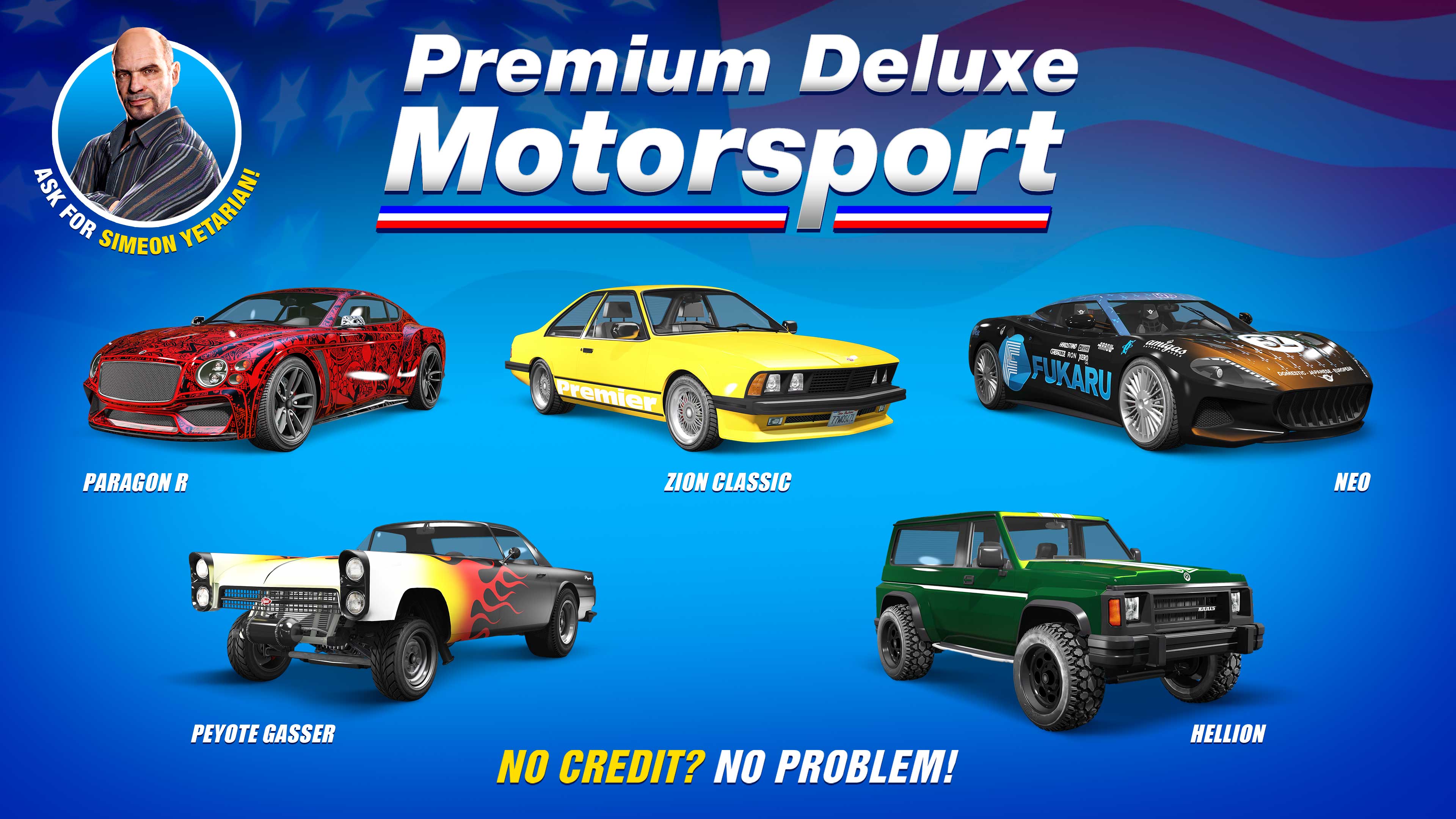 Pôster de cinco veículos da Premium Deluxe Motorsport: Vysser Neo, Enus Paragon R, Annis Hellion, Übermacht Zion Clássico, Vapid Peyote Gasser.